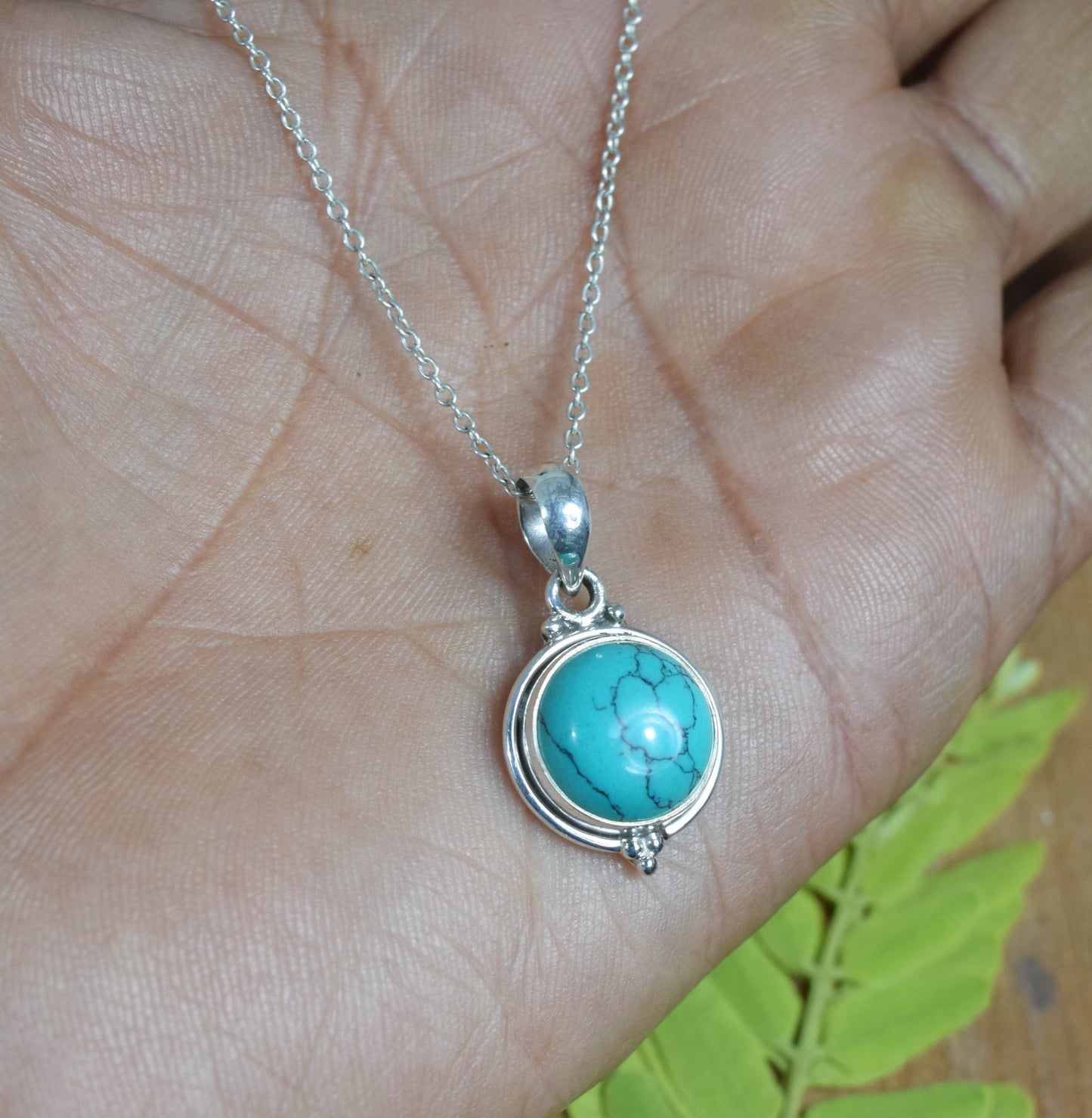 925 Solid Sterling Silver Blue Turquoise Chain Pendant -19 Inch