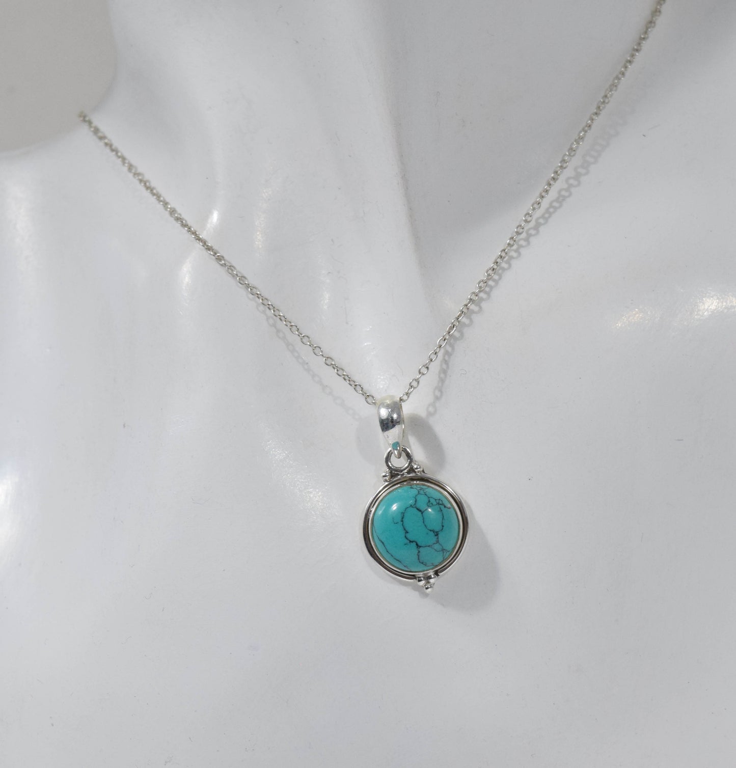 925 Solid Sterling Silver Blue Turquoise Chain Pendant -19 Inch