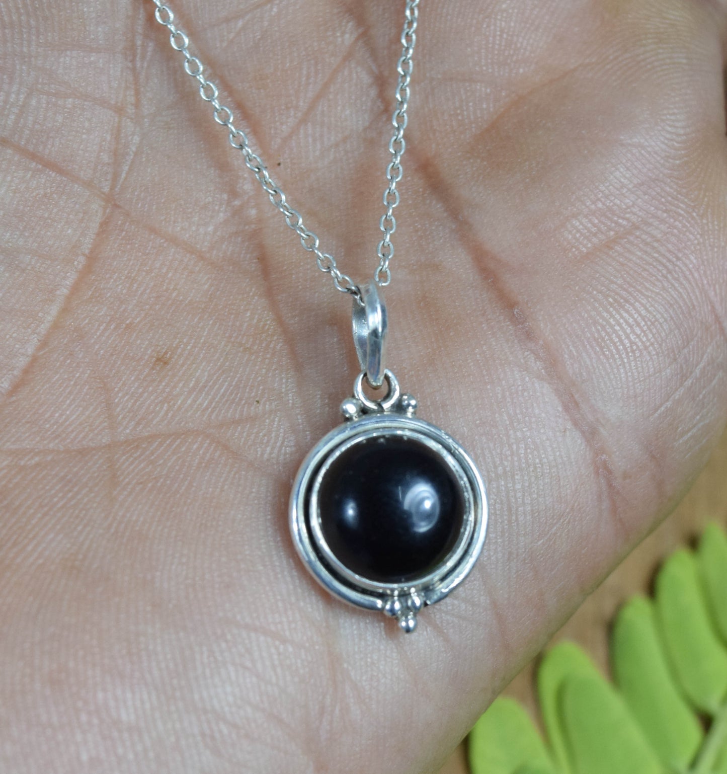 925 Solid Sterling Silver Black Onyx Chain Pendant -19 Inch