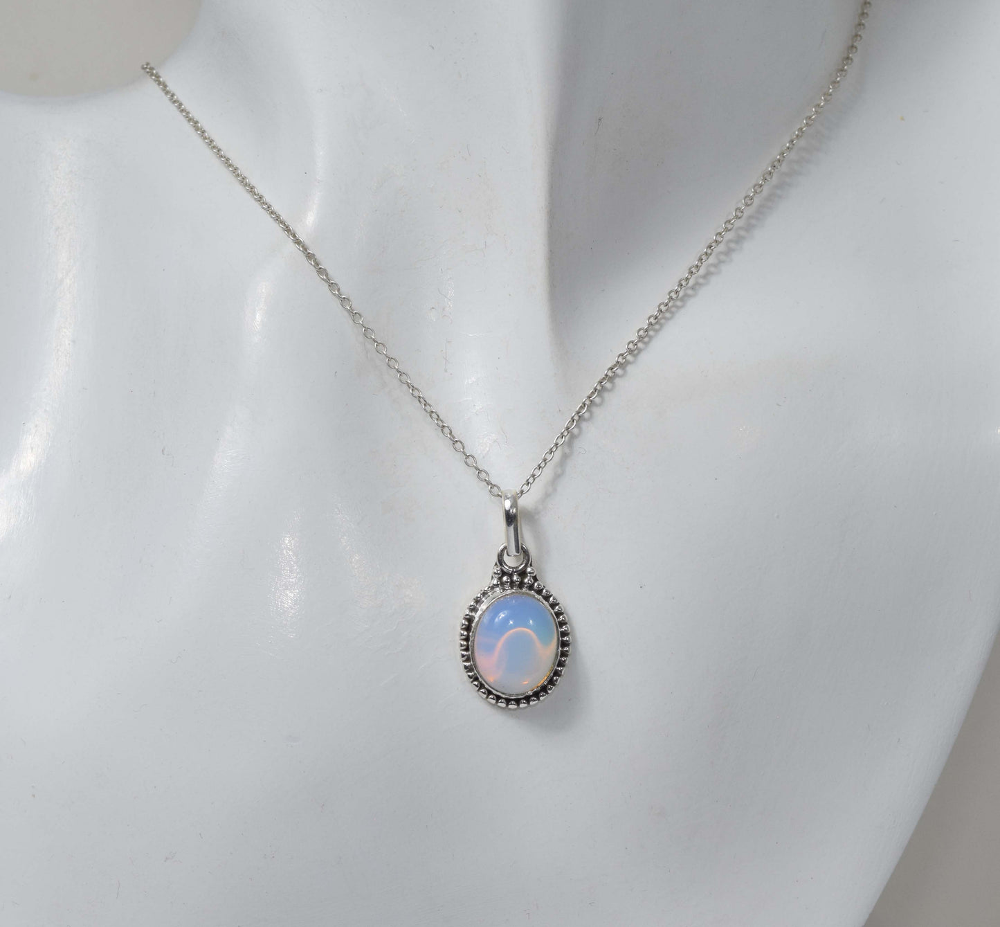 925 Solid Sterling Silver Milky Opalite Chain Pendant-19 Inch