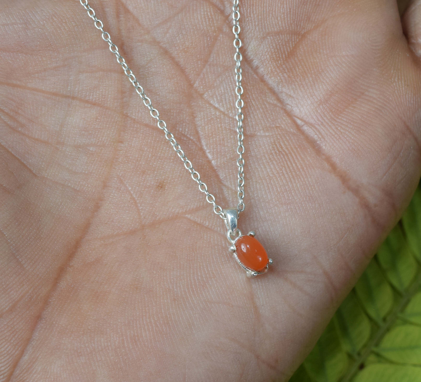 925 Solid Sterling Silver Red Carnelian Chain Pendant-16.5 Inch