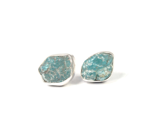 925 Solid Sterling Silver Rough Blue Apatite Stud Earring