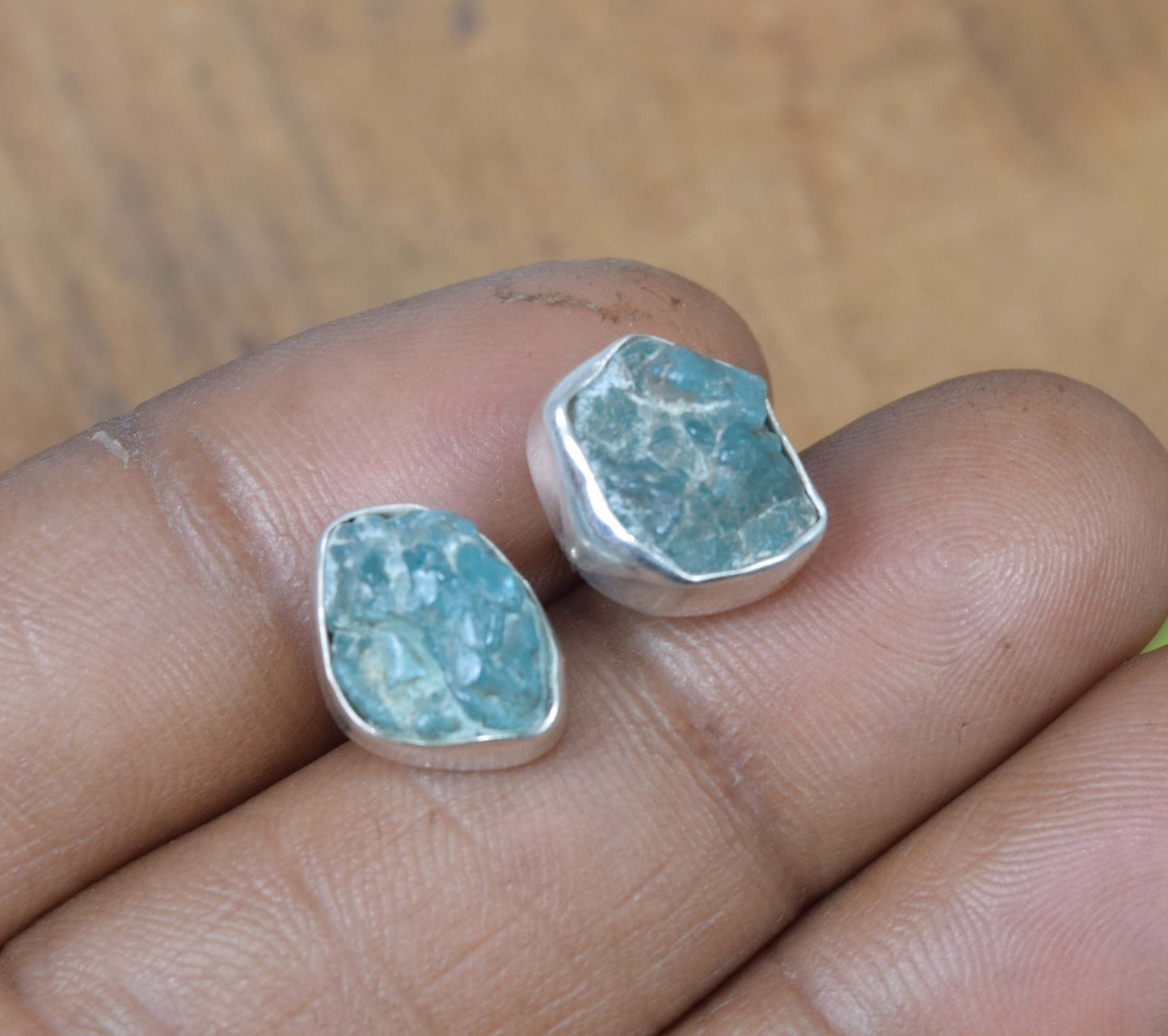 925 Solid Sterling Silver Rough Blue Apatite Stud Earring