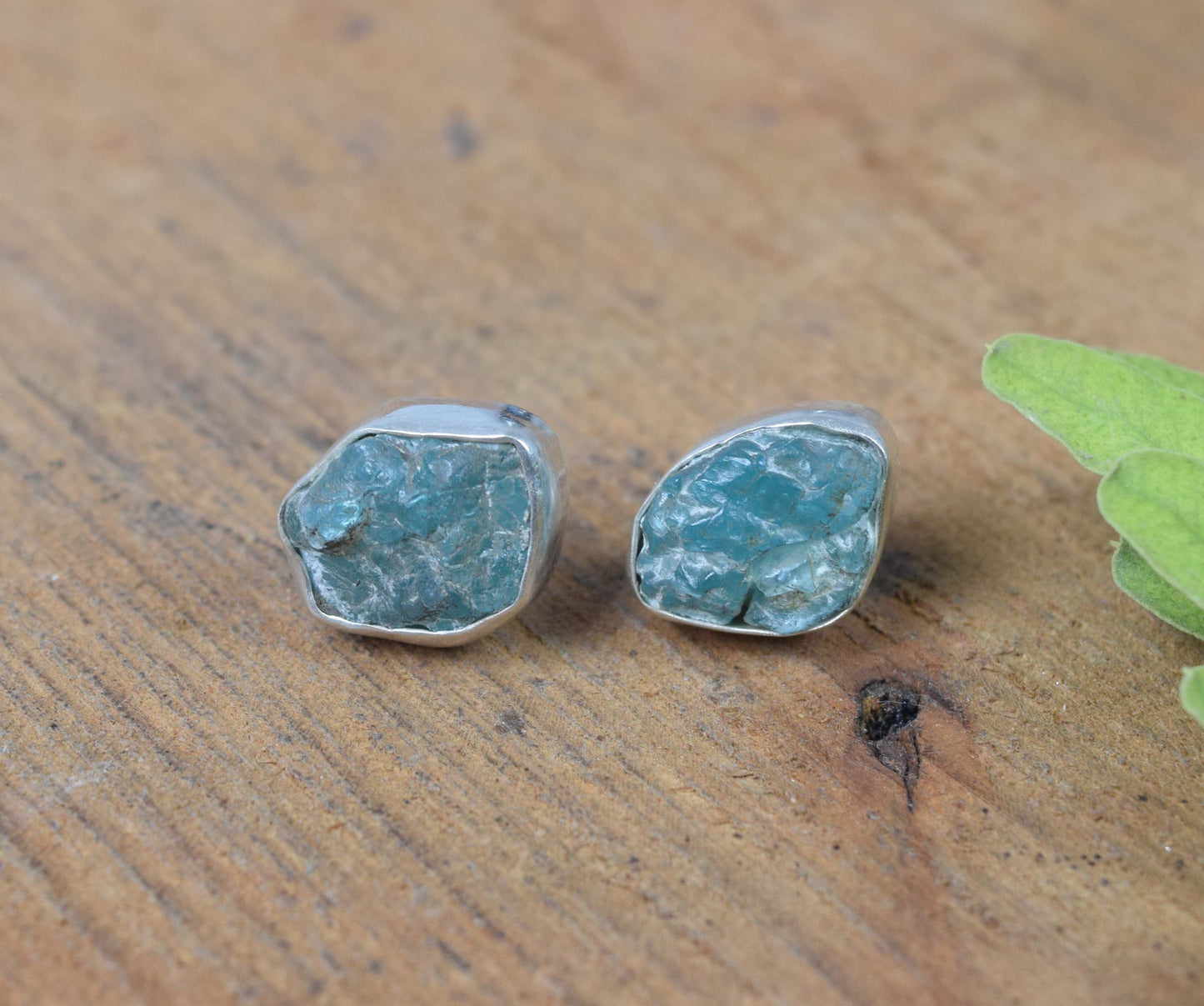 925 Solid Sterling Silver Rough Blue Apatite Stud Earring
