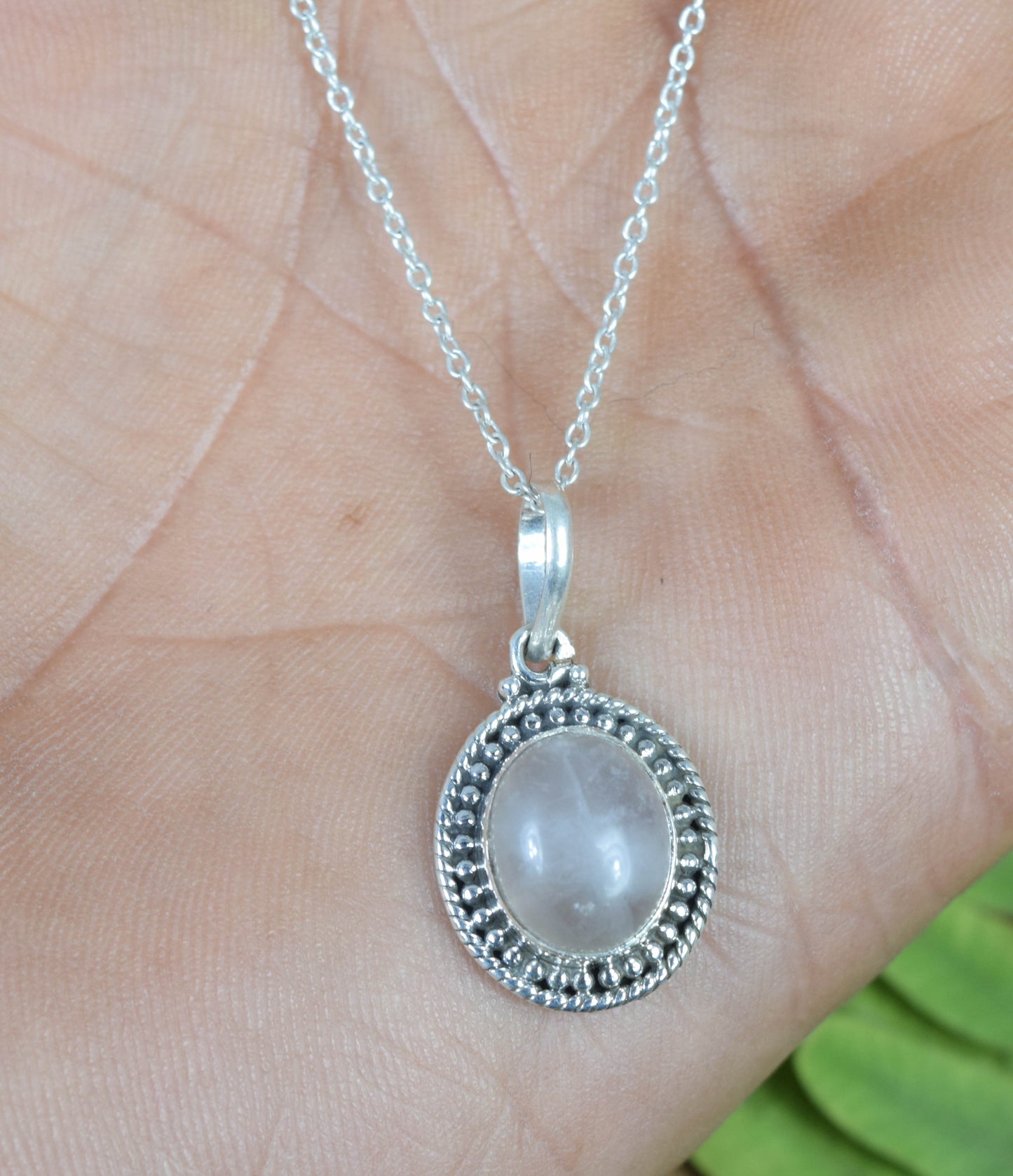 925 Solid Sterling Silver Pink Rose Quartz Chain Pendant -19 INCH