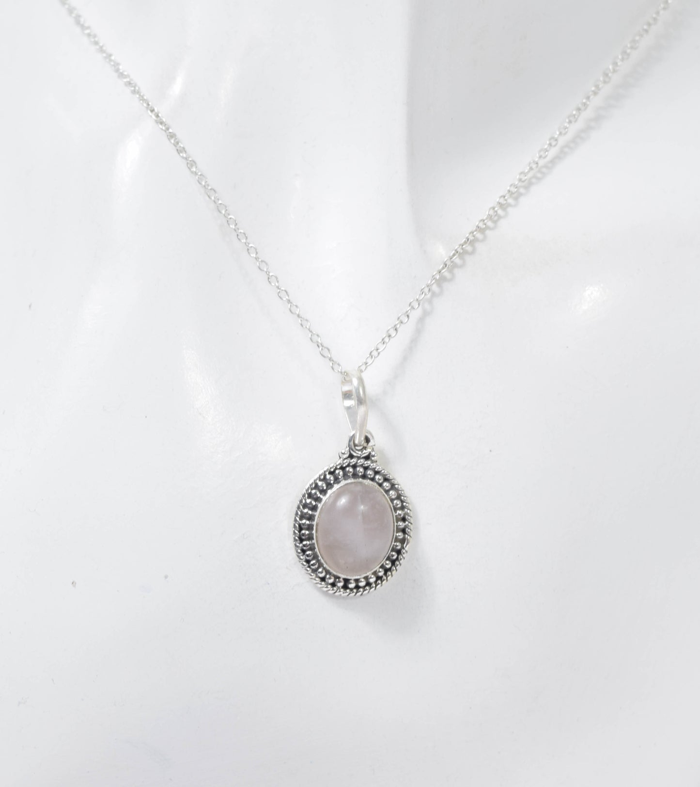 925 Solid Sterling Silver Pink Rose Quartz Chain Pendant -19 INCH