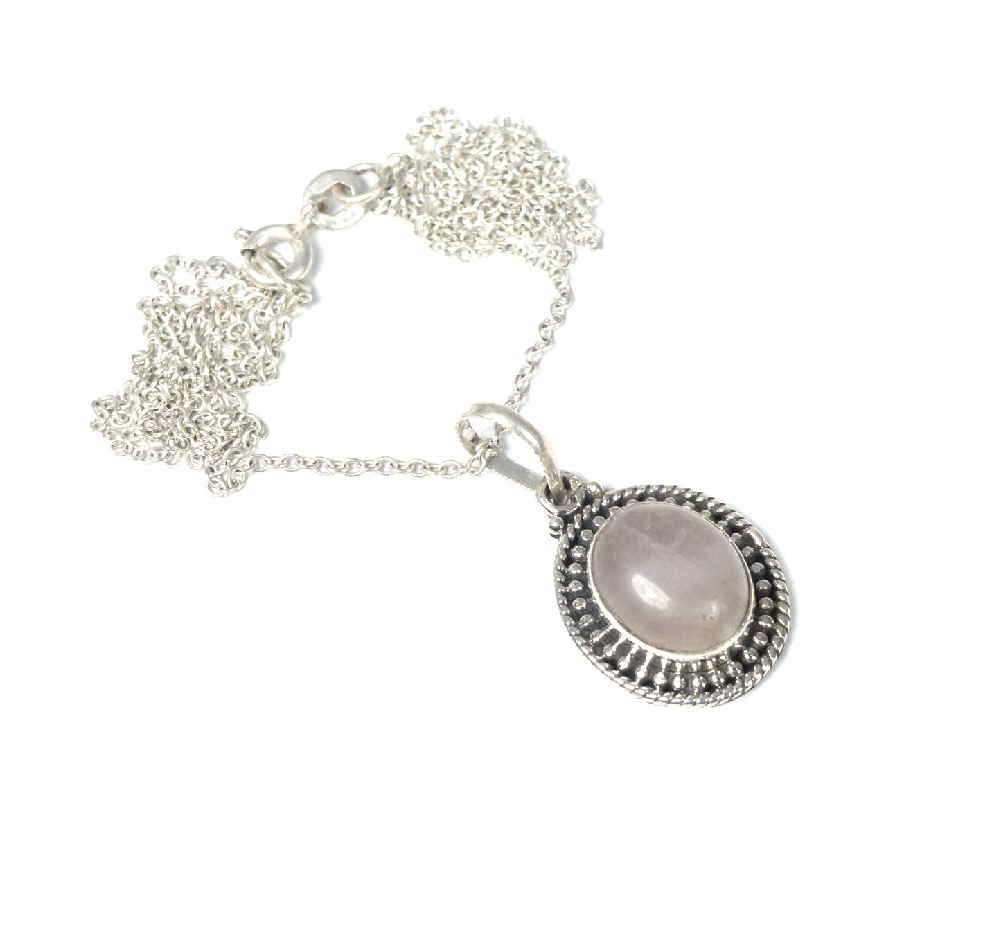 925 Solid Sterling Silver Pink Rose Quartz Chain Pendant -19 INCH