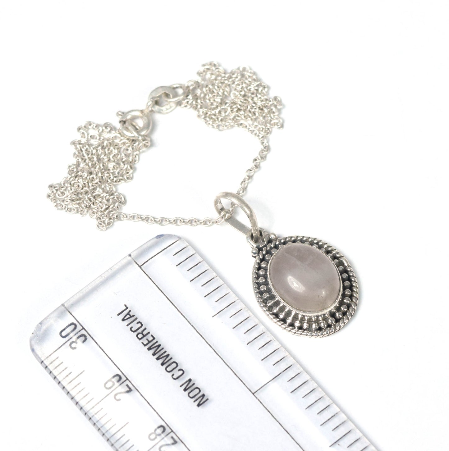 925 Solid Sterling Silver Pink Rose Quartz Chain Pendant -19 INCH