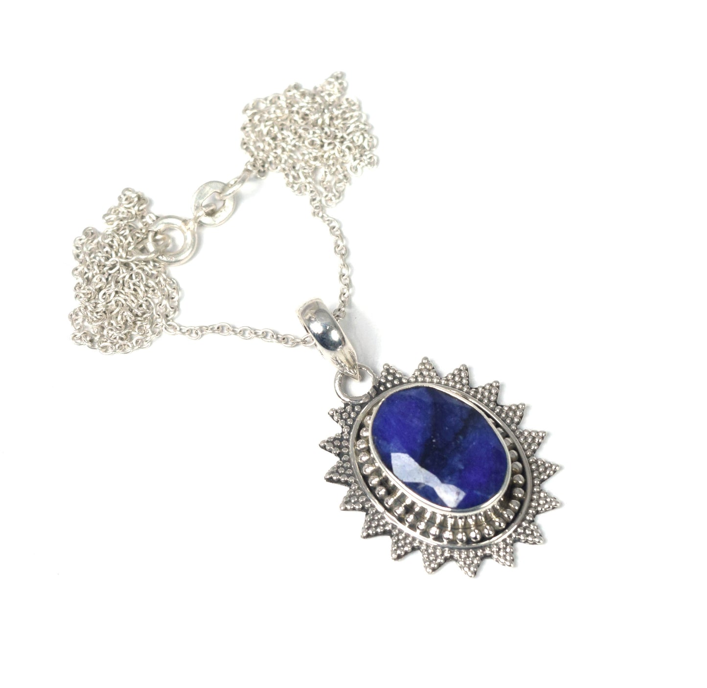 925 Solid Sterling Silver Cut Blue Simulated Sapphire Chain Pendant
