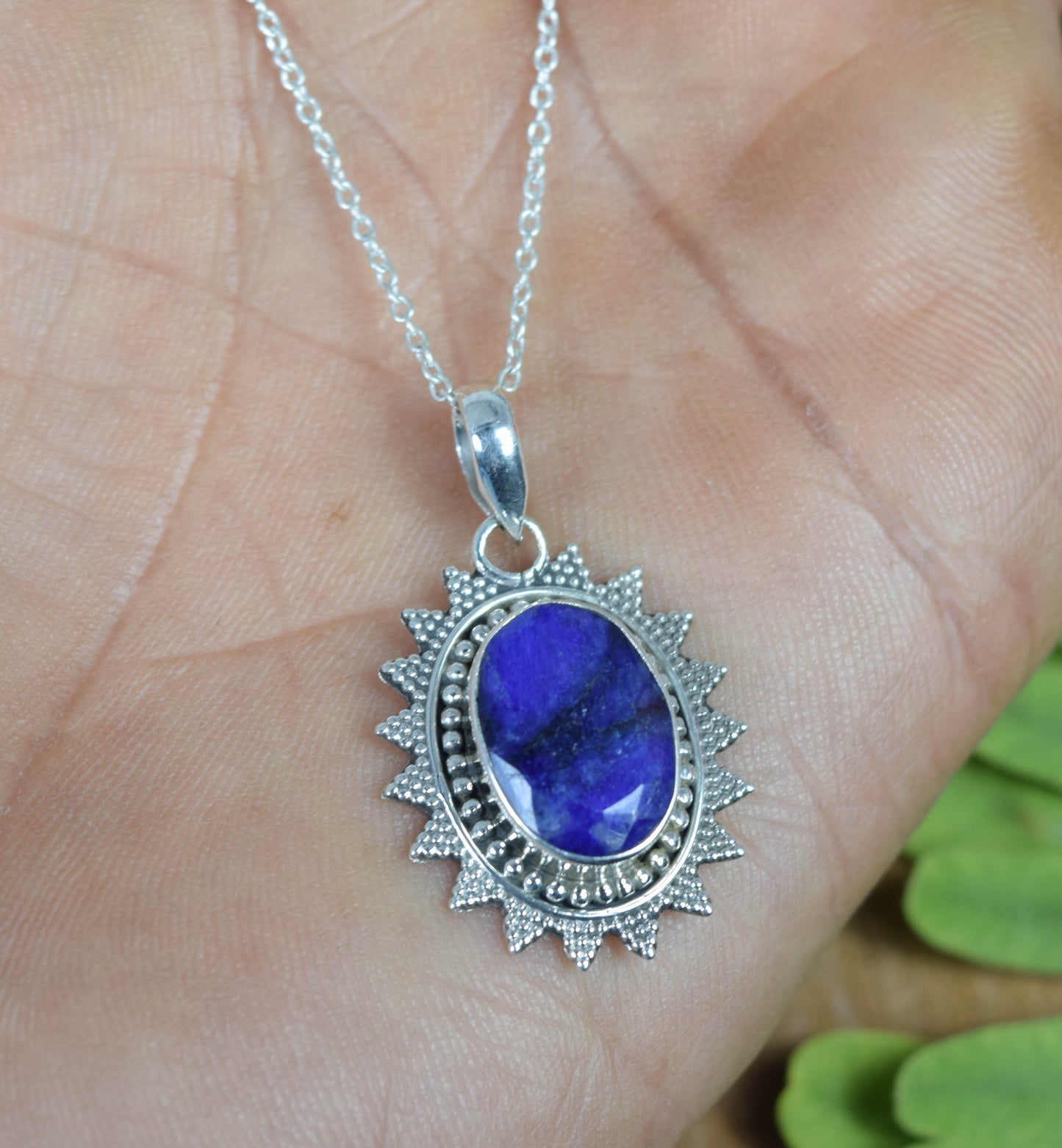 925 Solid Sterling Silver Cut Blue Simulated Sapphire Chain Pendant