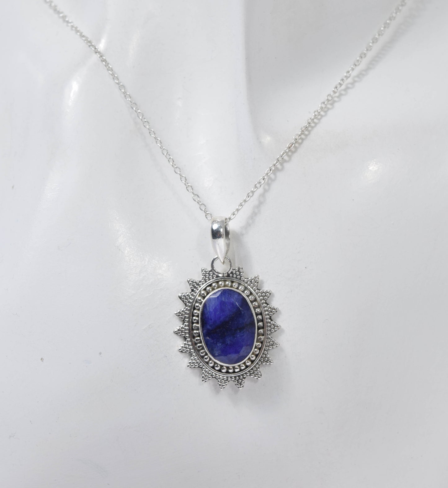 925 Solid Sterling Silver Cut Blue Simulated Sapphire Chain Pendant