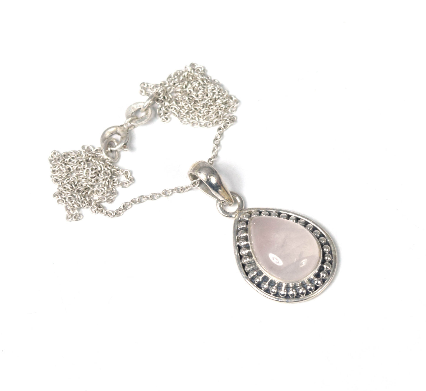 925 Solid Sterling Silver Pink Rose Quartz Chain Pendant -19.2 Inch