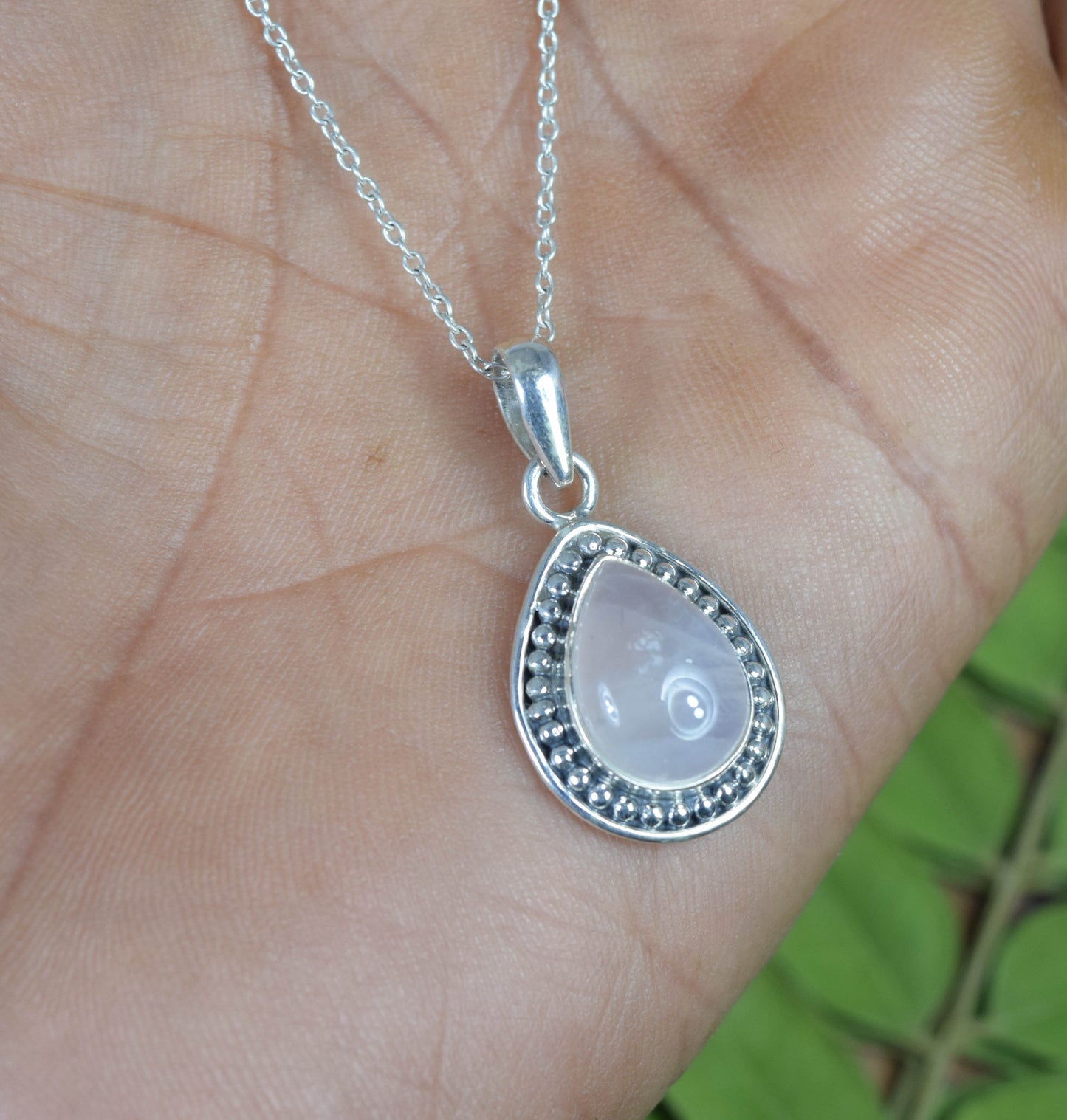 925 Solid Sterling Silver Pink Rose Quartz Chain Pendant -19.2 Inch