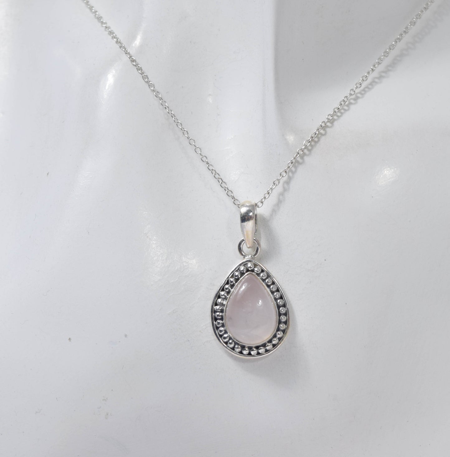 925 Solid Sterling Silver Pink Rose Quartz Chain Pendant -19.2 Inch