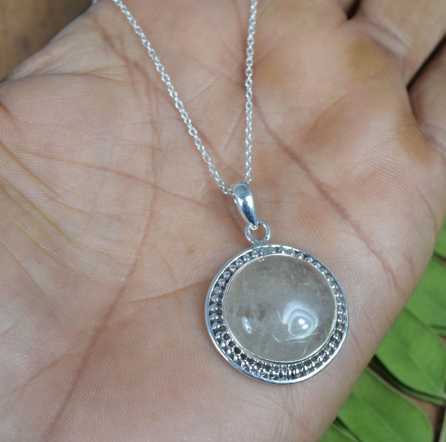 925 Solid Sterling Silver Golden Rutile Chain Pendant -19.4 Inch