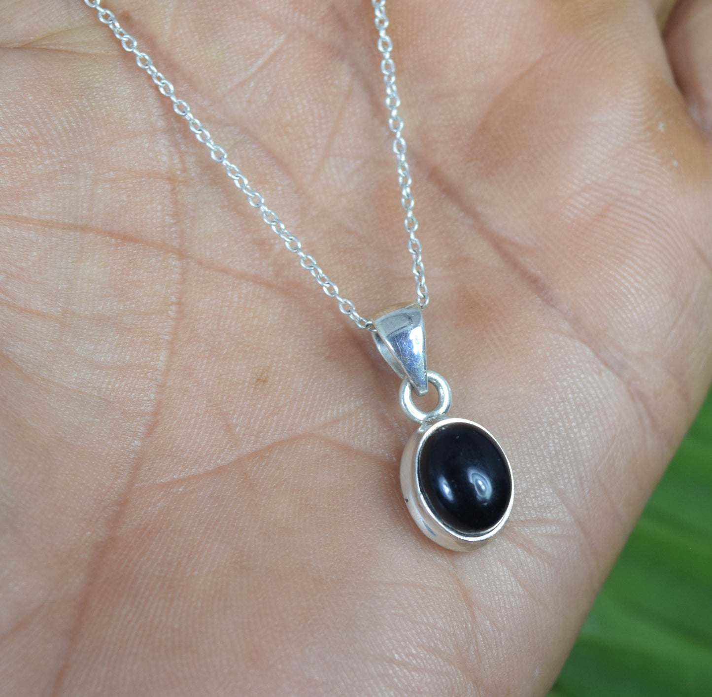 925 Solid Sterling Silver Black Onyx Chain Pendant - 18.8 Inch