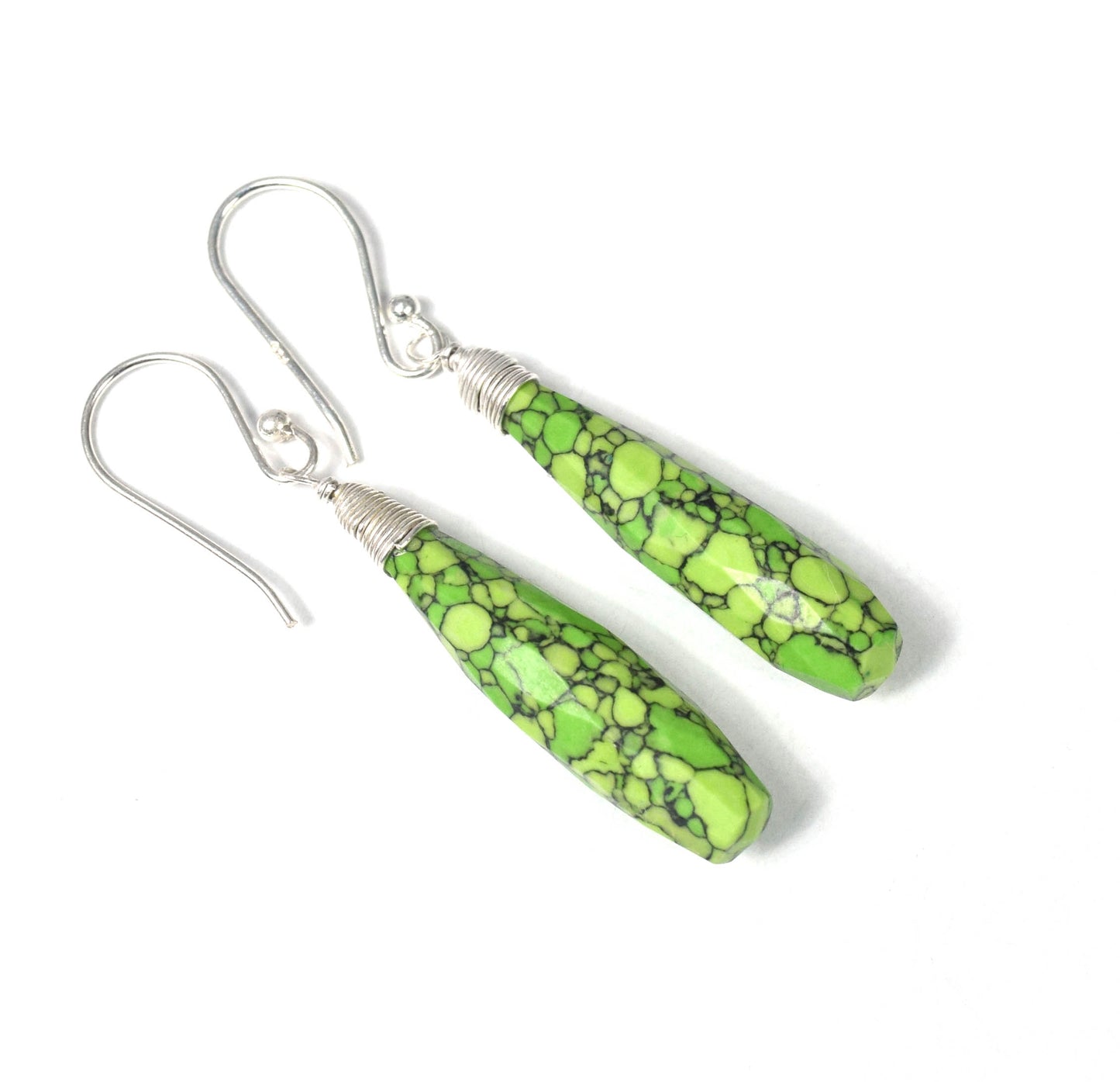 925 Solid Sterling Silver Cut Green Turquoise Drop Hook Earring -2 Inch
