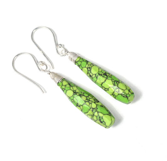 925 Solid Sterling Silver Cut Green Turquoise Drop Hook Earring -2 Inch