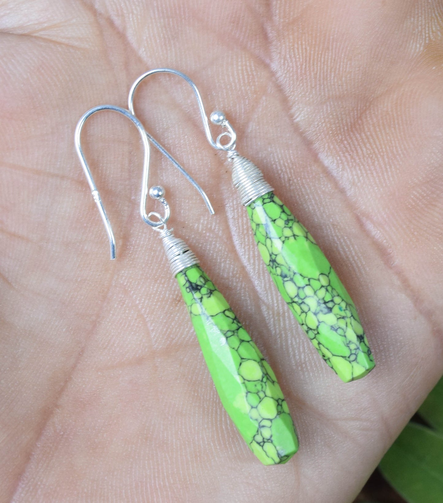 925 Solid Sterling Silver Cut Green Turquoise Drop Hook Earring -2 Inch