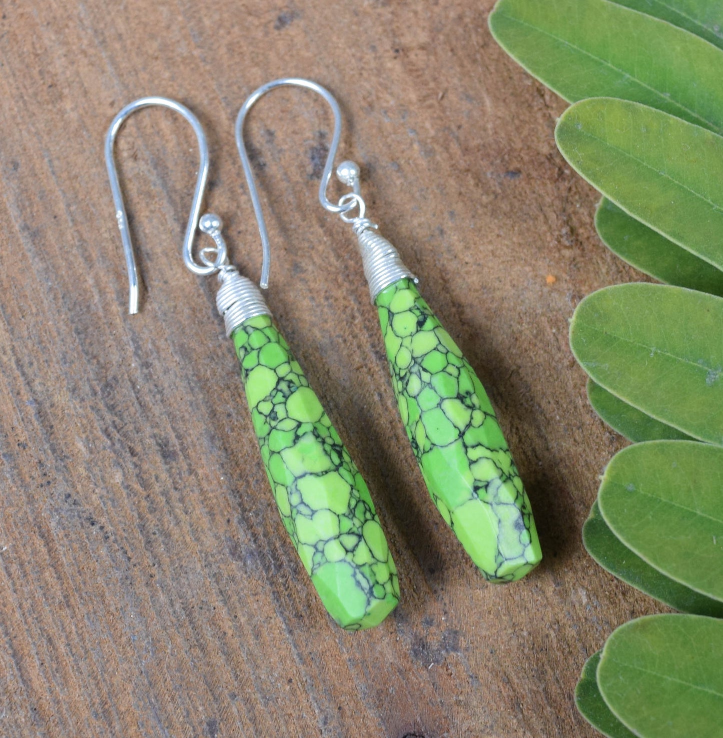 925 Solid Sterling Silver Cut Green Turquoise Drop Hook Earring -2 Inch