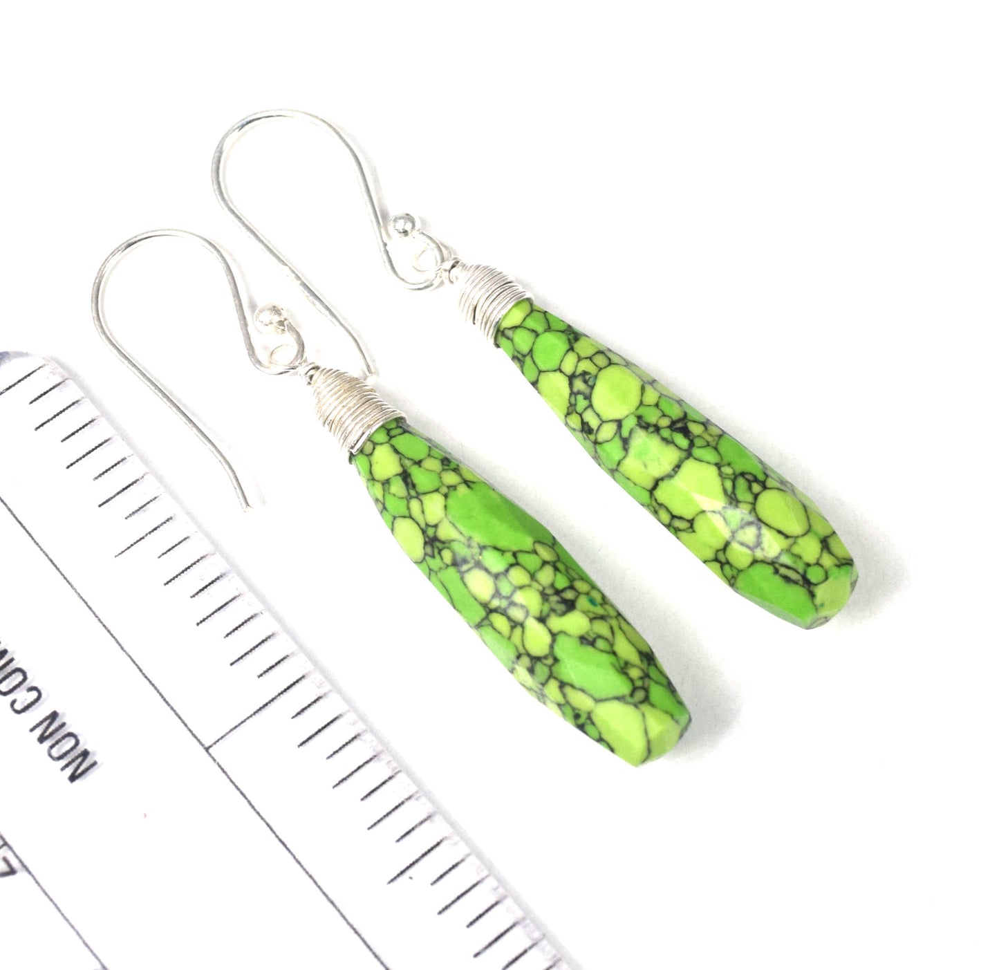 925 Solid Sterling Silver Cut Green Turquoise Drop Hook Earring -2 Inch