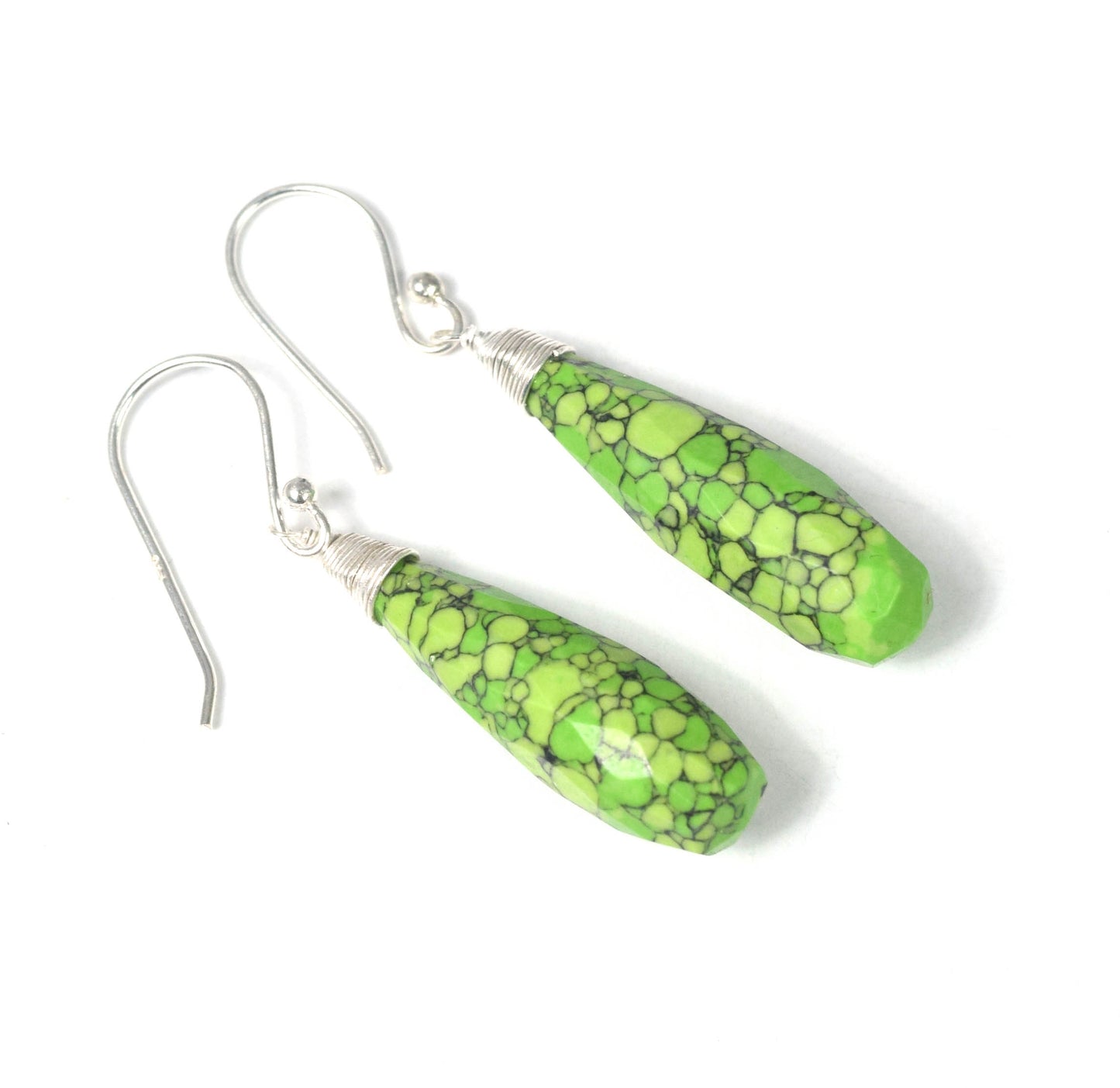 925 Solid Sterling Silver Cut Green Turquoise Drop Hook Earring -1.8 Inch