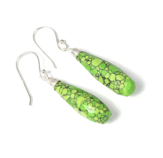 925 Solid Sterling Silver Cut Green Turquoise Drop Hook Earring -1.8 Inch
