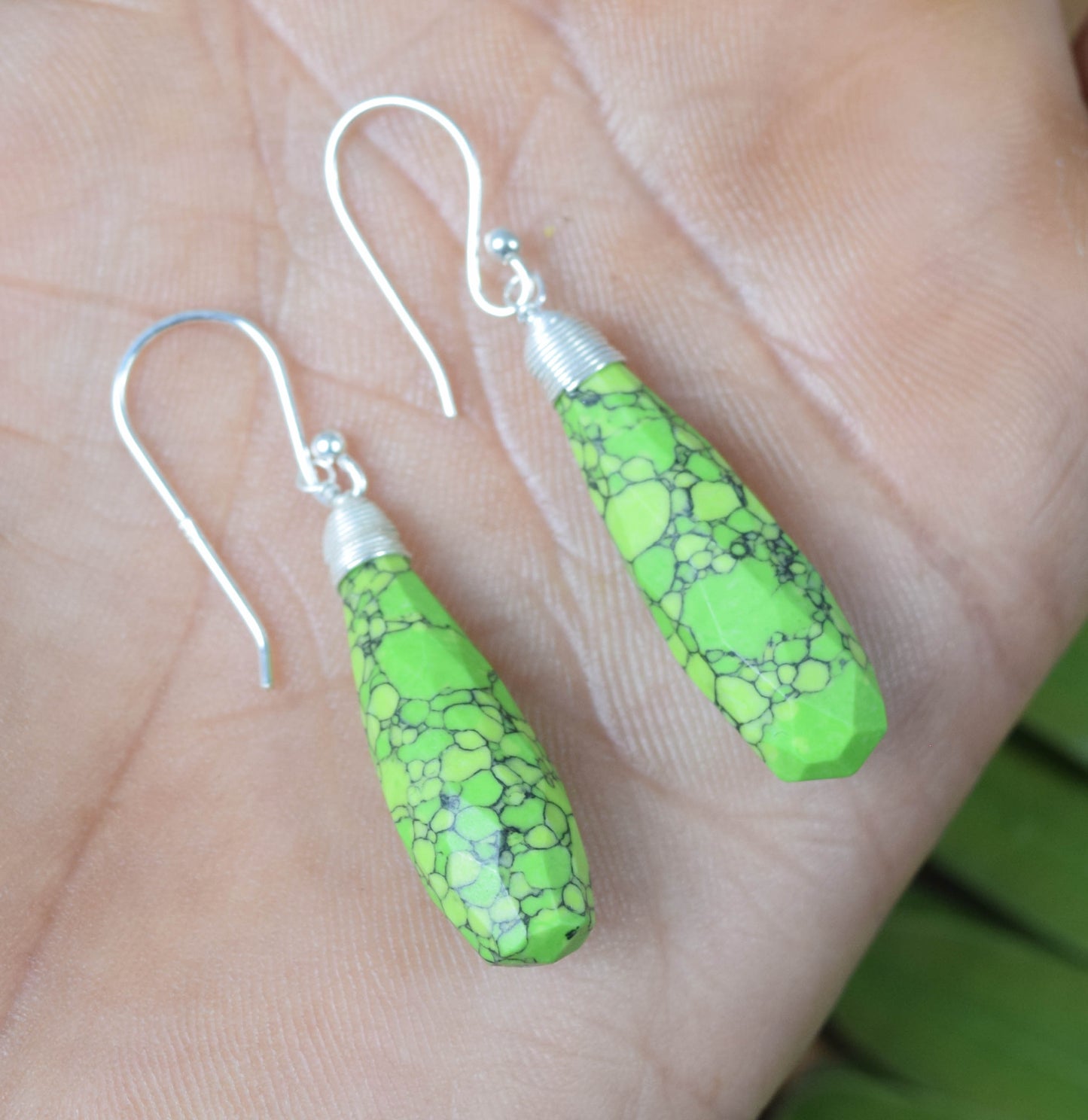 925 Solid Sterling Silver Cut Green Turquoise Drop Hook Earring -1.8 Inch