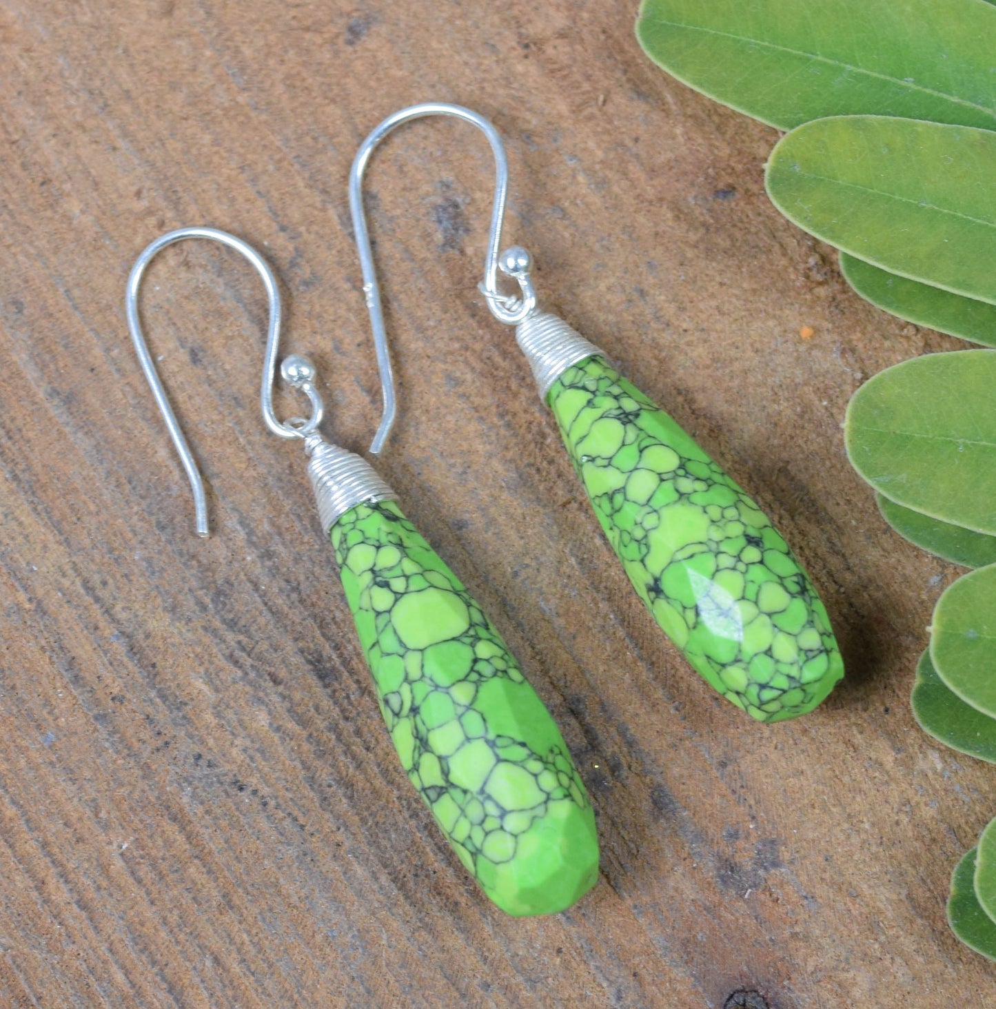 925 Solid Sterling Silver Cut Green Turquoise Drop Hook Earring -1.8 Inch