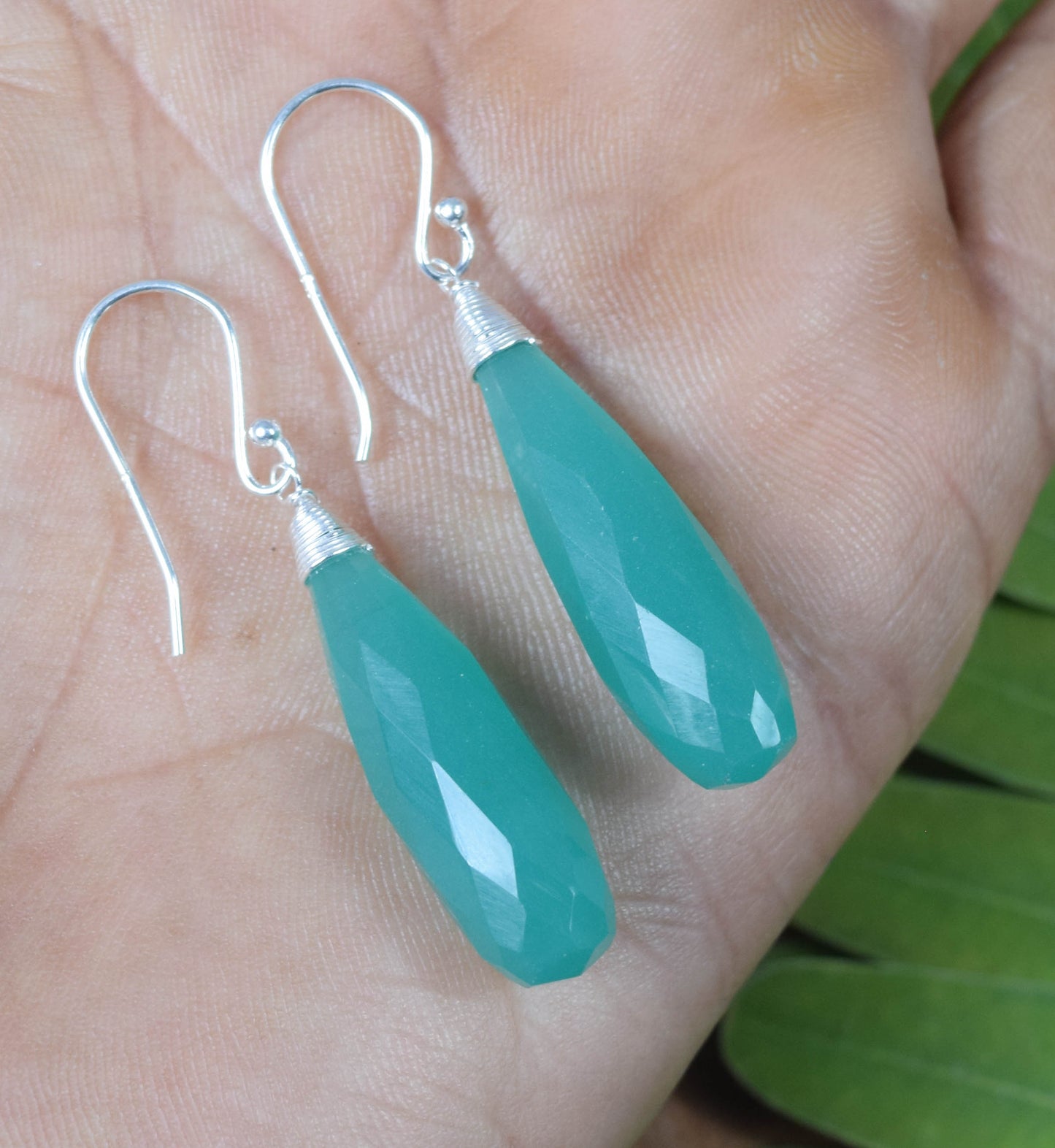 925 Solid Sterling Silver Cut Green Onyx Drop Hook Earring -2 Inch