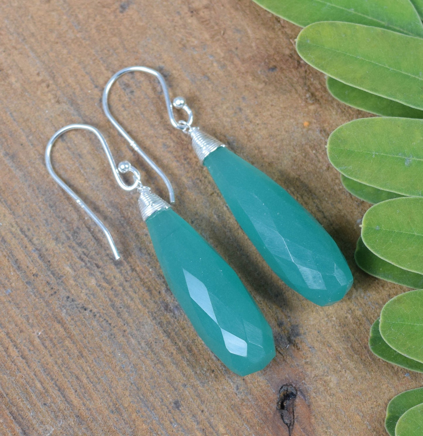 925 Solid Sterling Silver Cut Green Onyx Drop Hook Earring -2 Inch