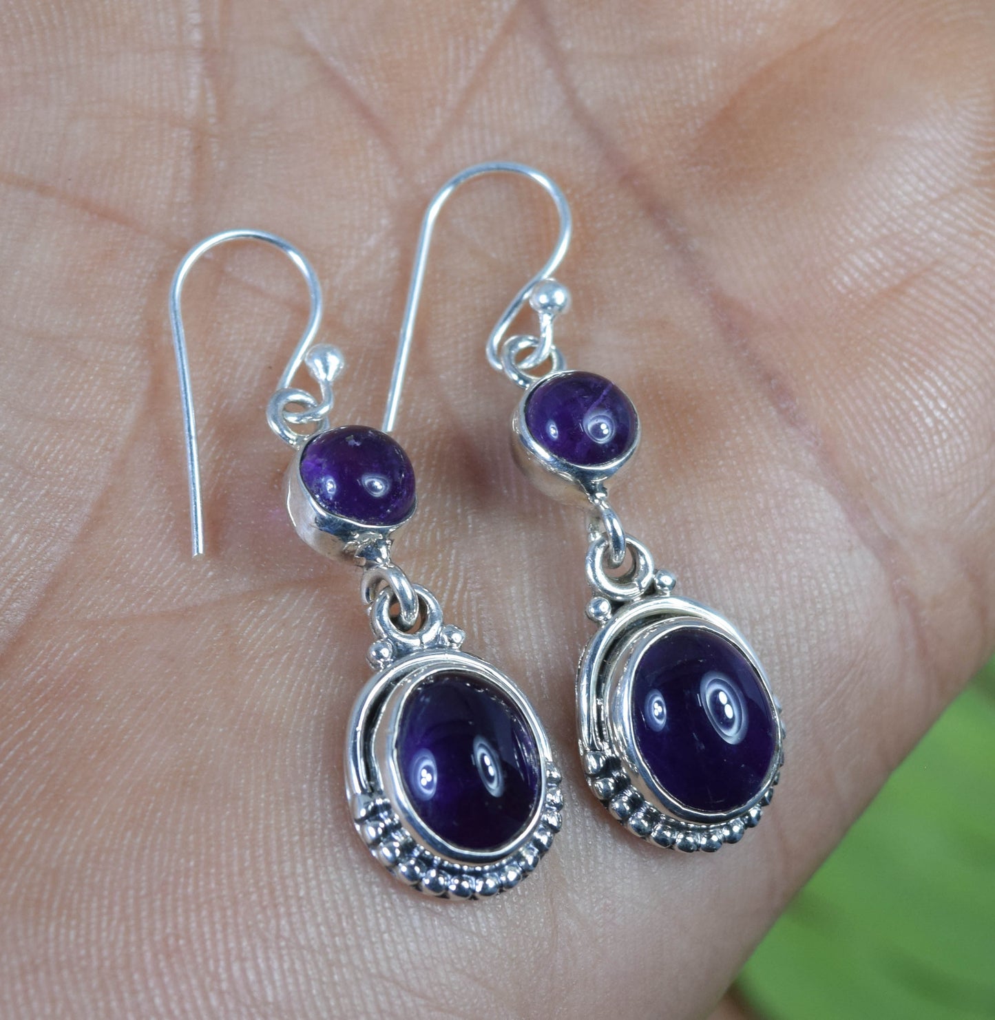 925 Solid Sterling Silver Purple Amethyst Hook Earring-1.5 Inch