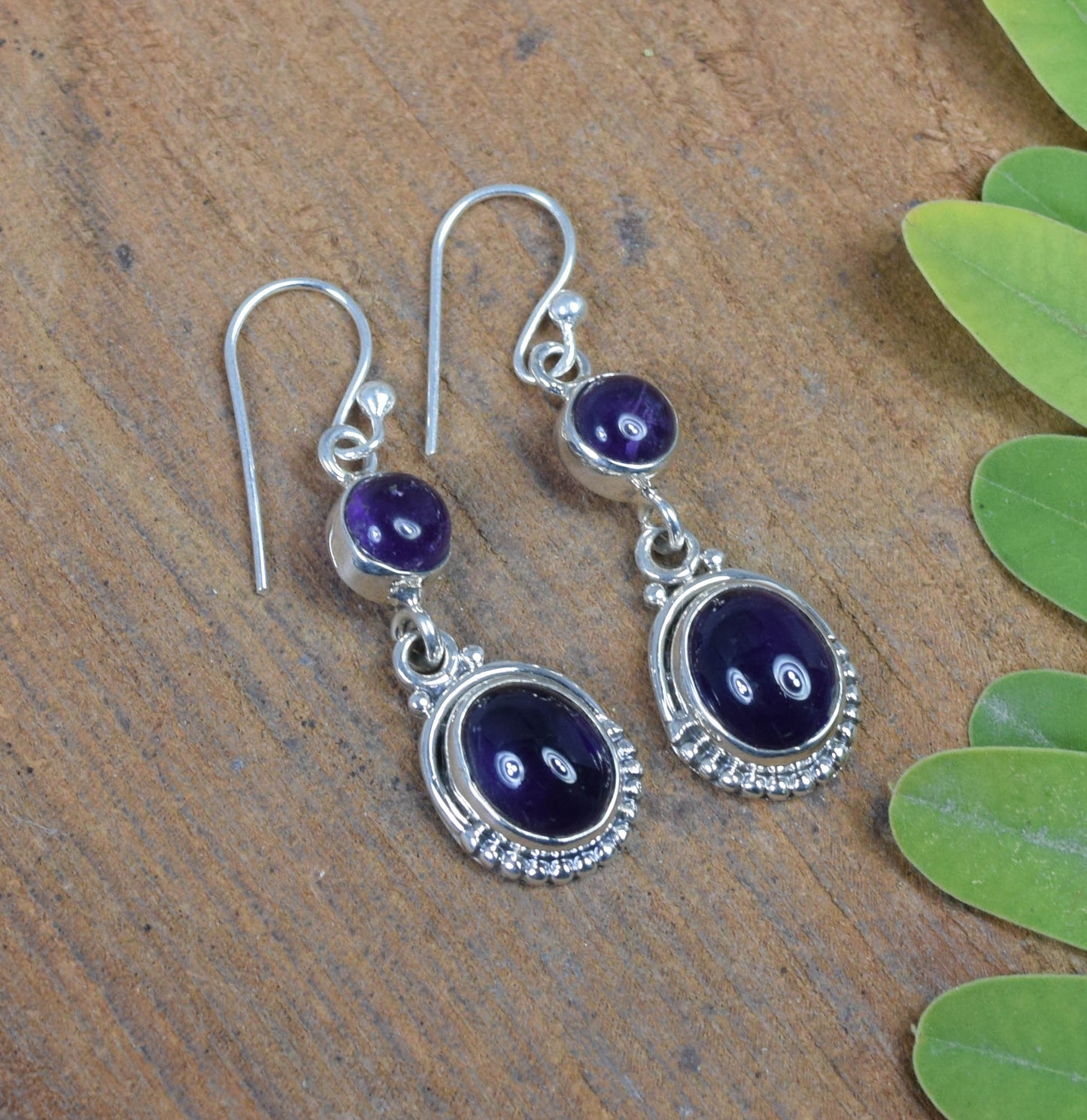 925 Solid Sterling Silver Purple Amethyst Hook Earring-1.5 Inch