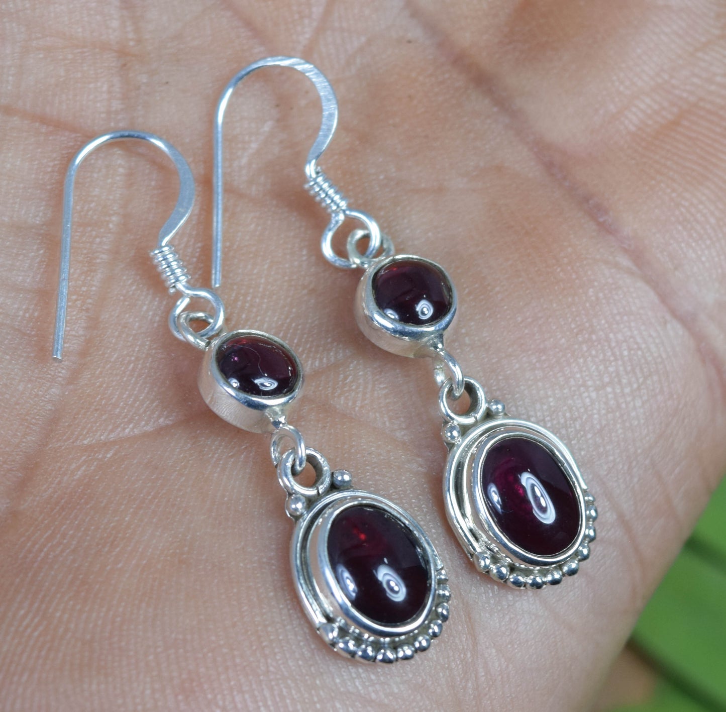 925 Solid Sterling Silver Red Garnet Hook Earring-1.5 Inch