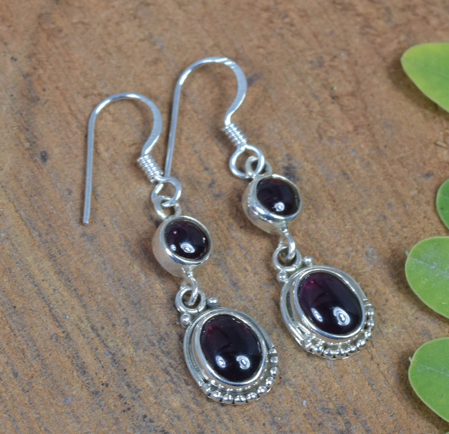 925 Solid Sterling Silver Red Garnet Hook Earring-1.5 Inch