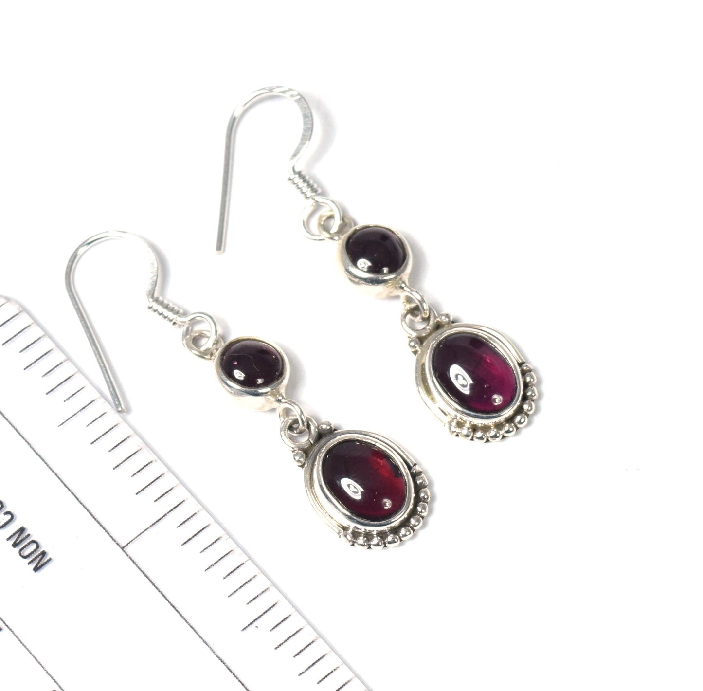 925 Solid Sterling Silver Red Garnet Hook Earring-1.5 Inch