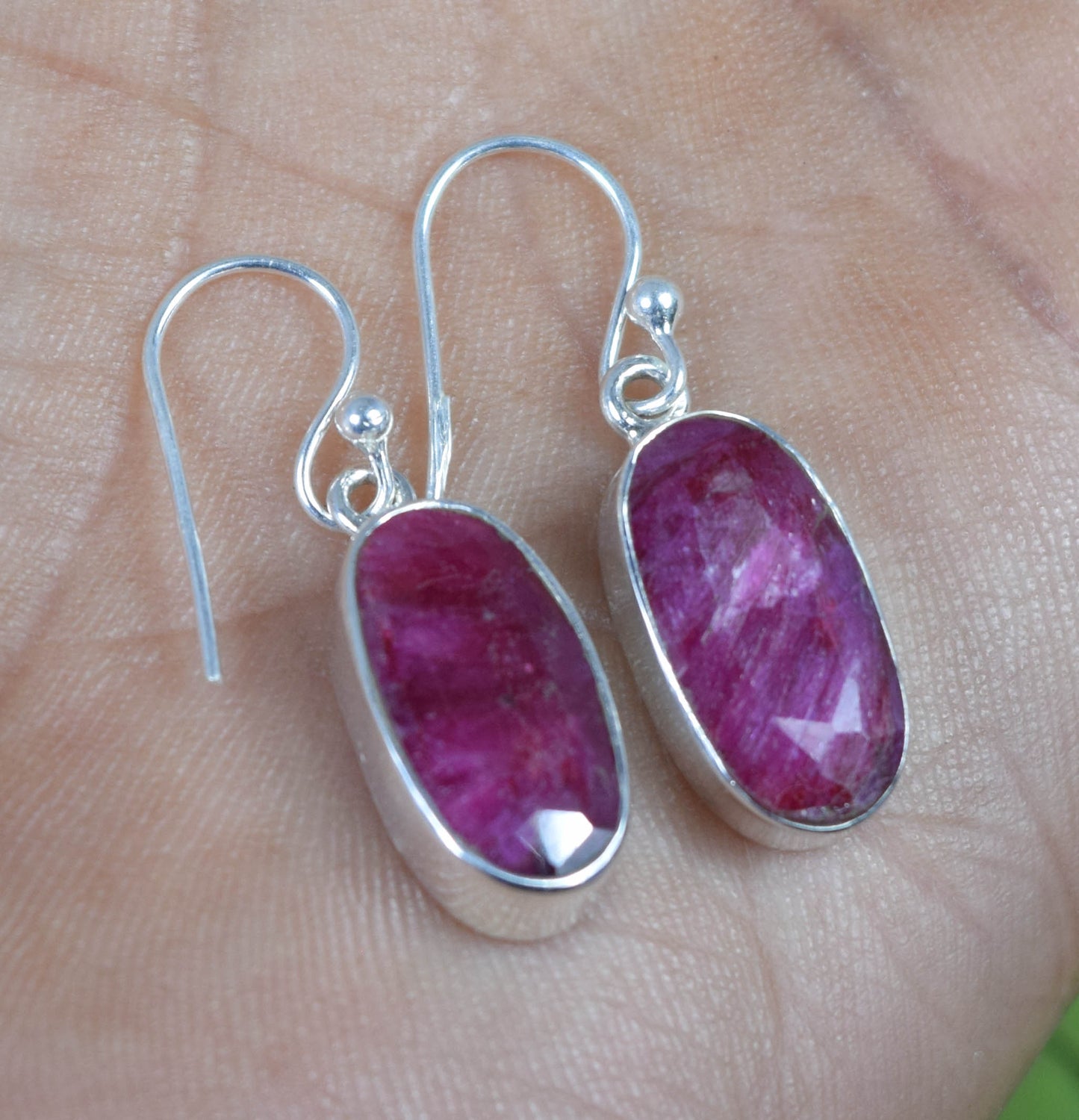 925 Solid Sterling Cut Simulated Ruby Hook Earring-1.2 Inch