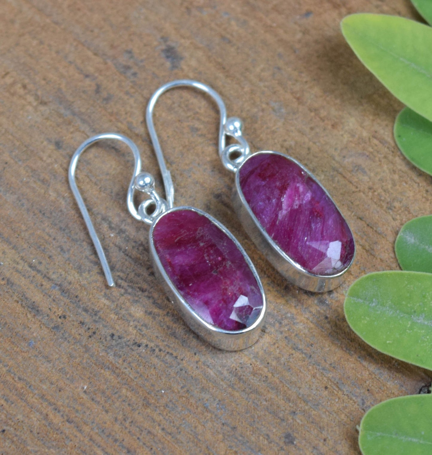 925 Solid Sterling Cut Simulated Ruby Hook Earring-1.2 Inch
