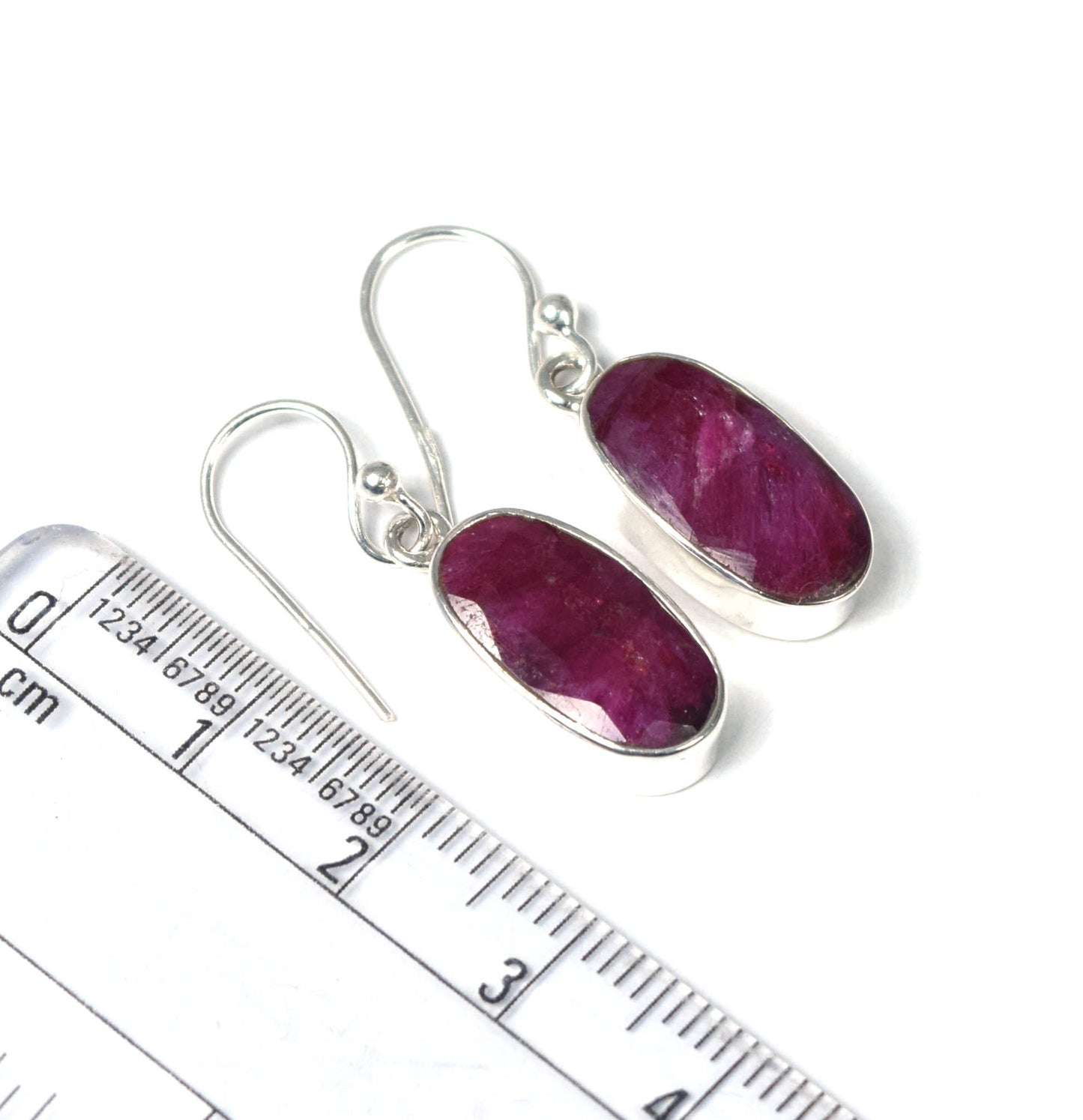 925 Solid Sterling Cut Simulated Ruby Hook Earring-1.2 Inch