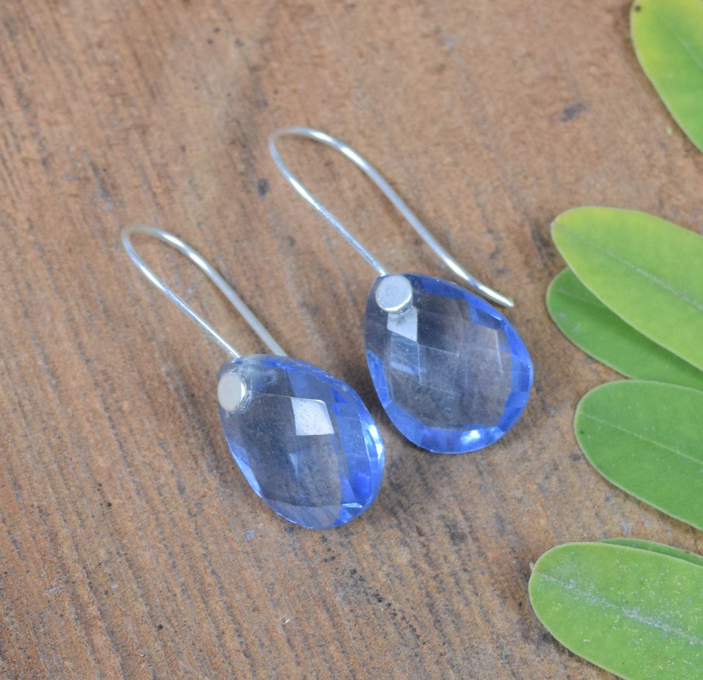 925 Solid Sterling Silver Faceted Blue Quartz Wire Earring-1.3 Inch