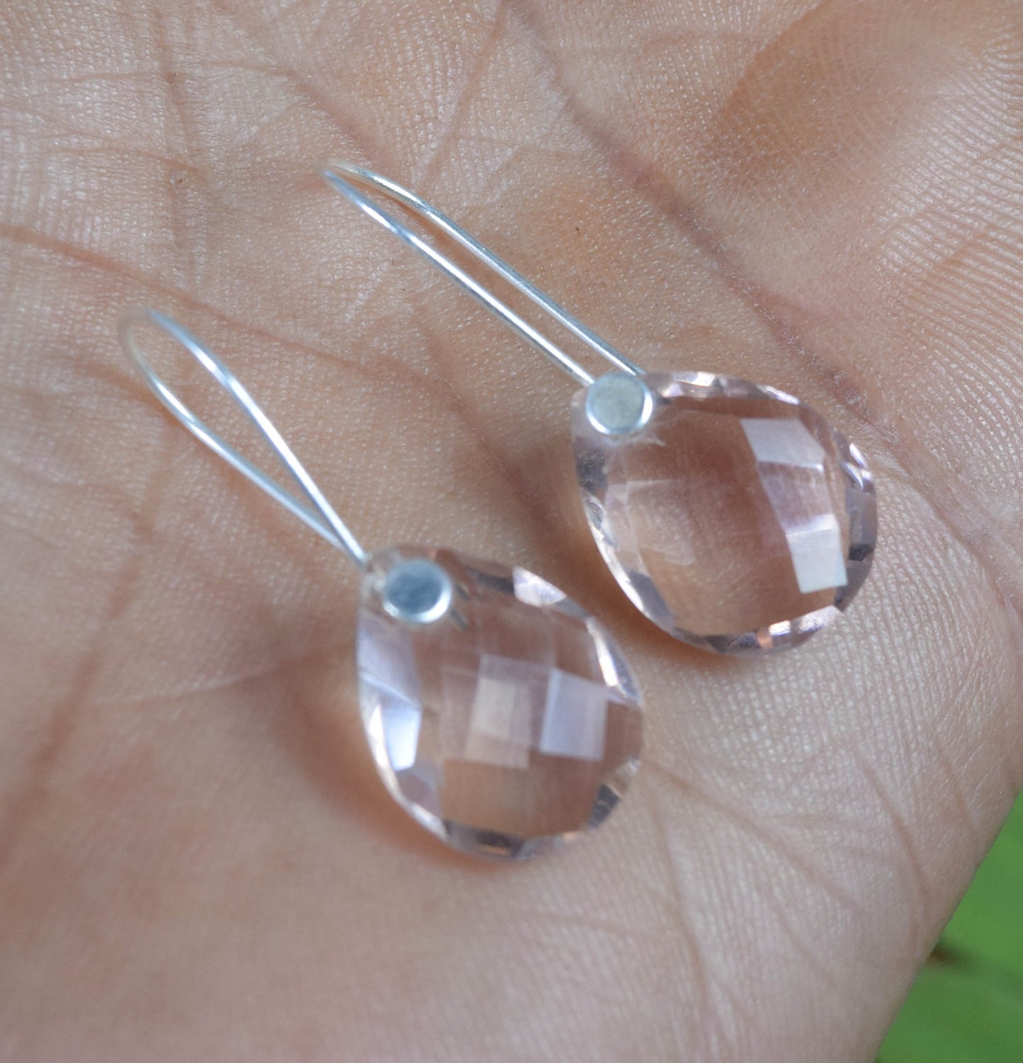 925 Solid Sterling Silver Faceted Peach Quartz Wire Earring-1.3 Inch