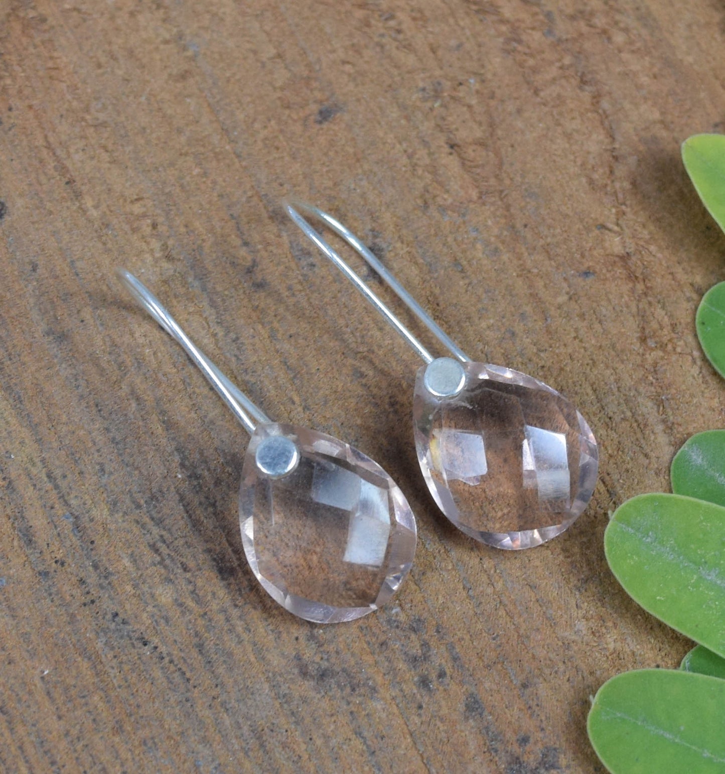 925 Solid Sterling Silver Faceted Peach Quartz Wire Earring-1.3 Inch