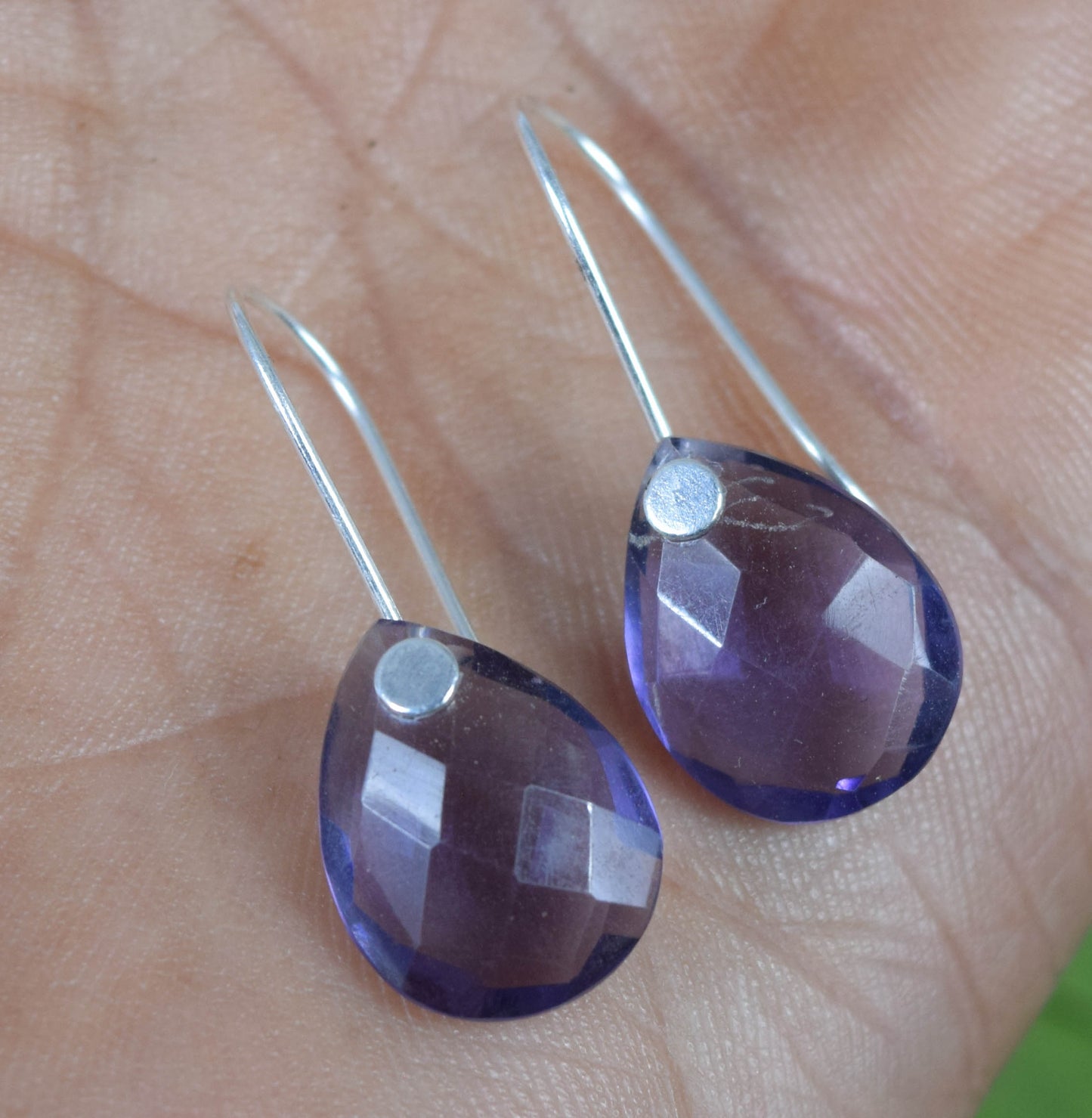 925 Solid Sterling Silver Cut Purple Amethyst Quartz Wire Earring-1.3 Inch