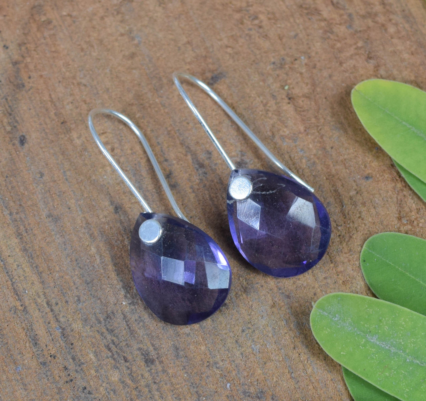 925 Solid Sterling Silver Cut Purple Amethyst Quartz Wire Earring-1.3 Inch
