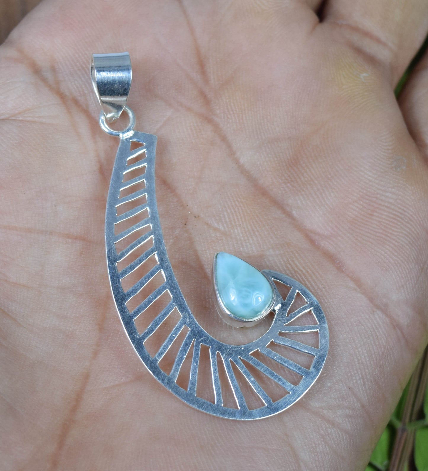 925 Solid Sterling Silver Blue Larimar Pendant -2.3 INCH