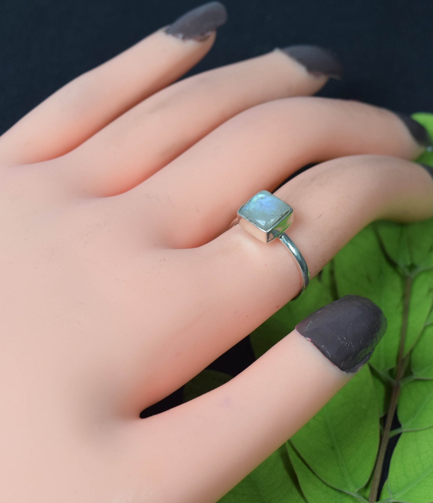 925 Solid Sterling Silver White Rainbow Moonstone Ring -8 US