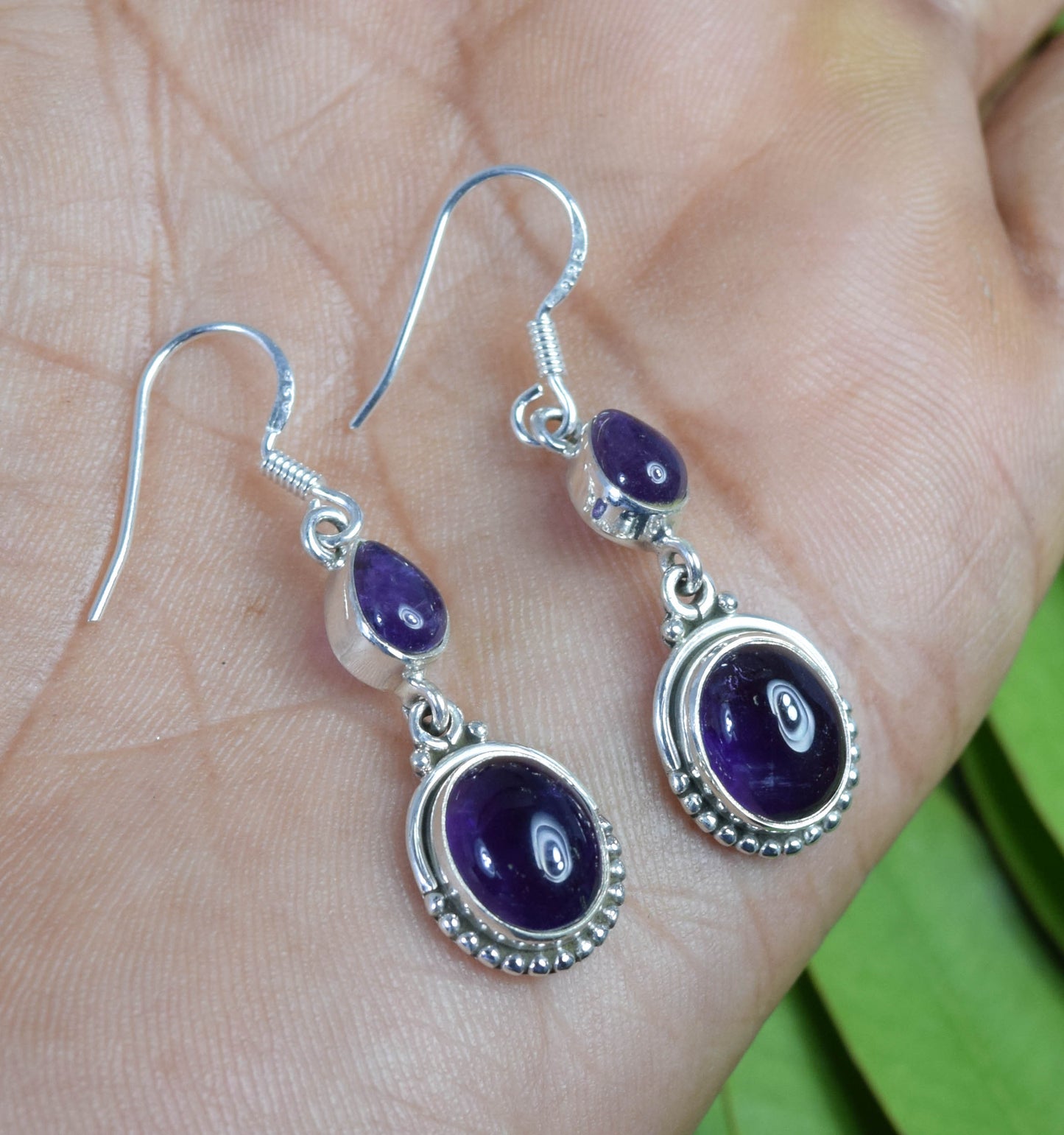 925 Solid Sterling Silver Purple Amethyst Hook Earring -1.8 INCH