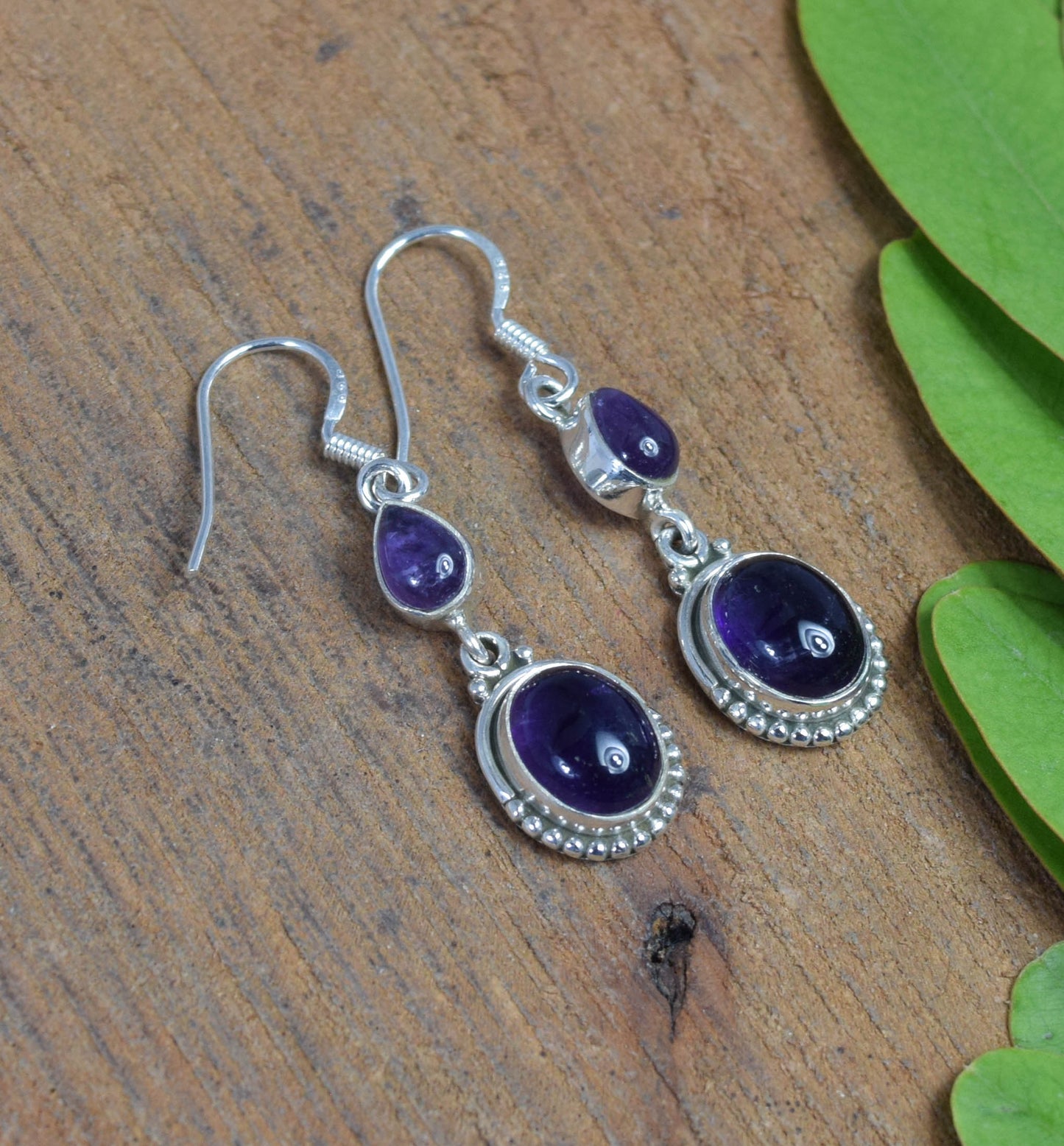 925 Solid Sterling Silver Purple Amethyst Hook Earring -1.8 INCH