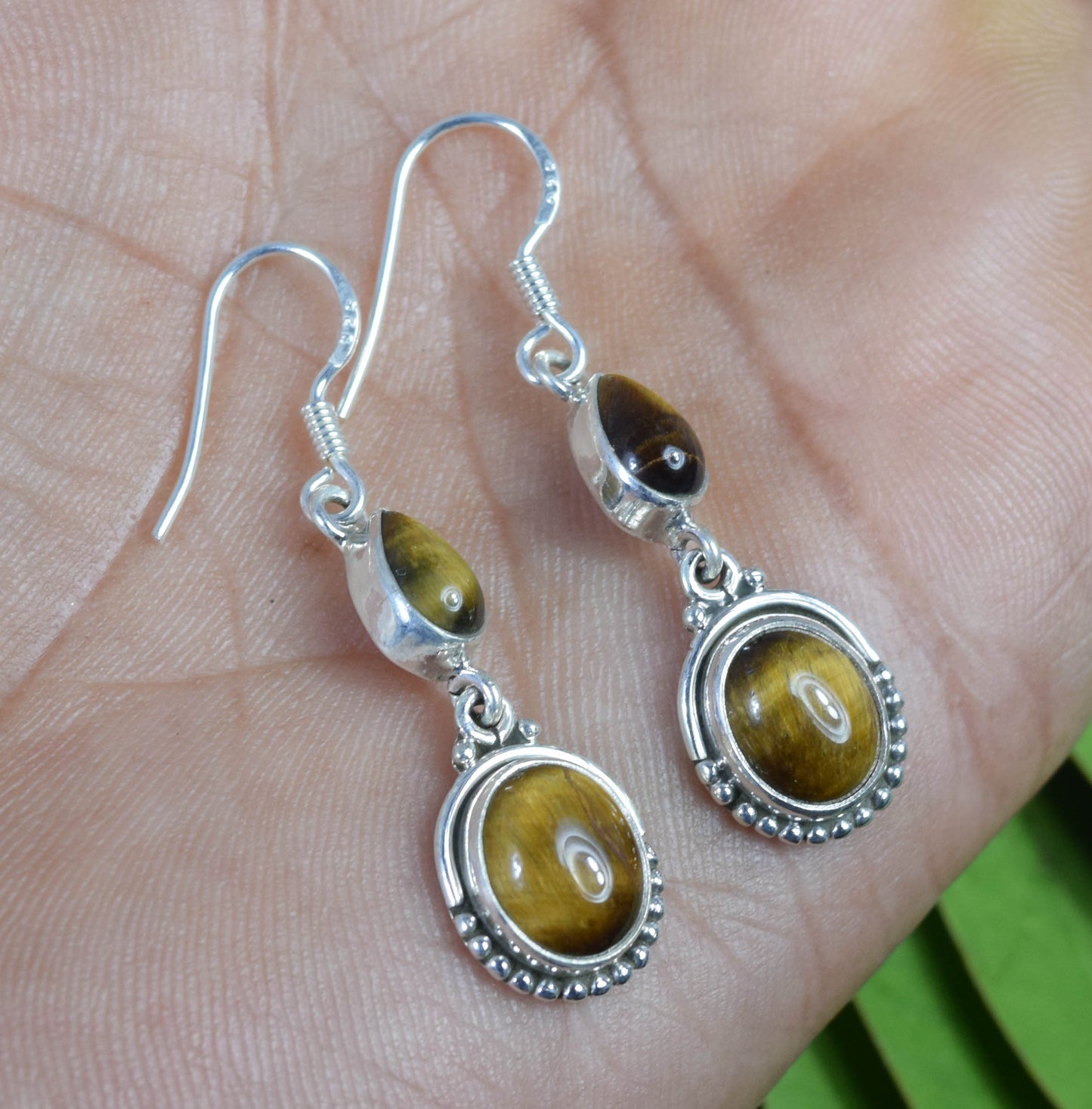 925 Solid Sterling Silver Tiger Eye Hook Earring -1.8 INCH