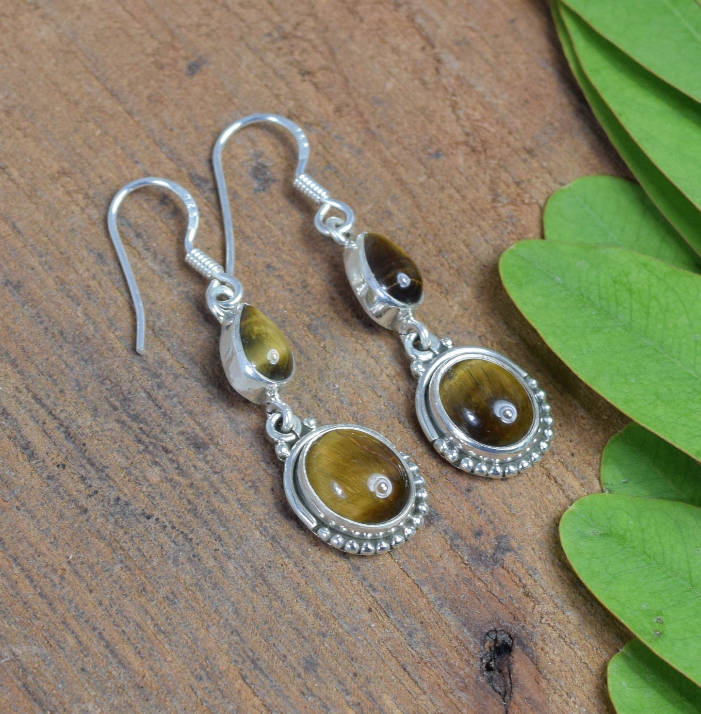 925 Solid Sterling Silver Tiger Eye Hook Earring -1.8 INCH